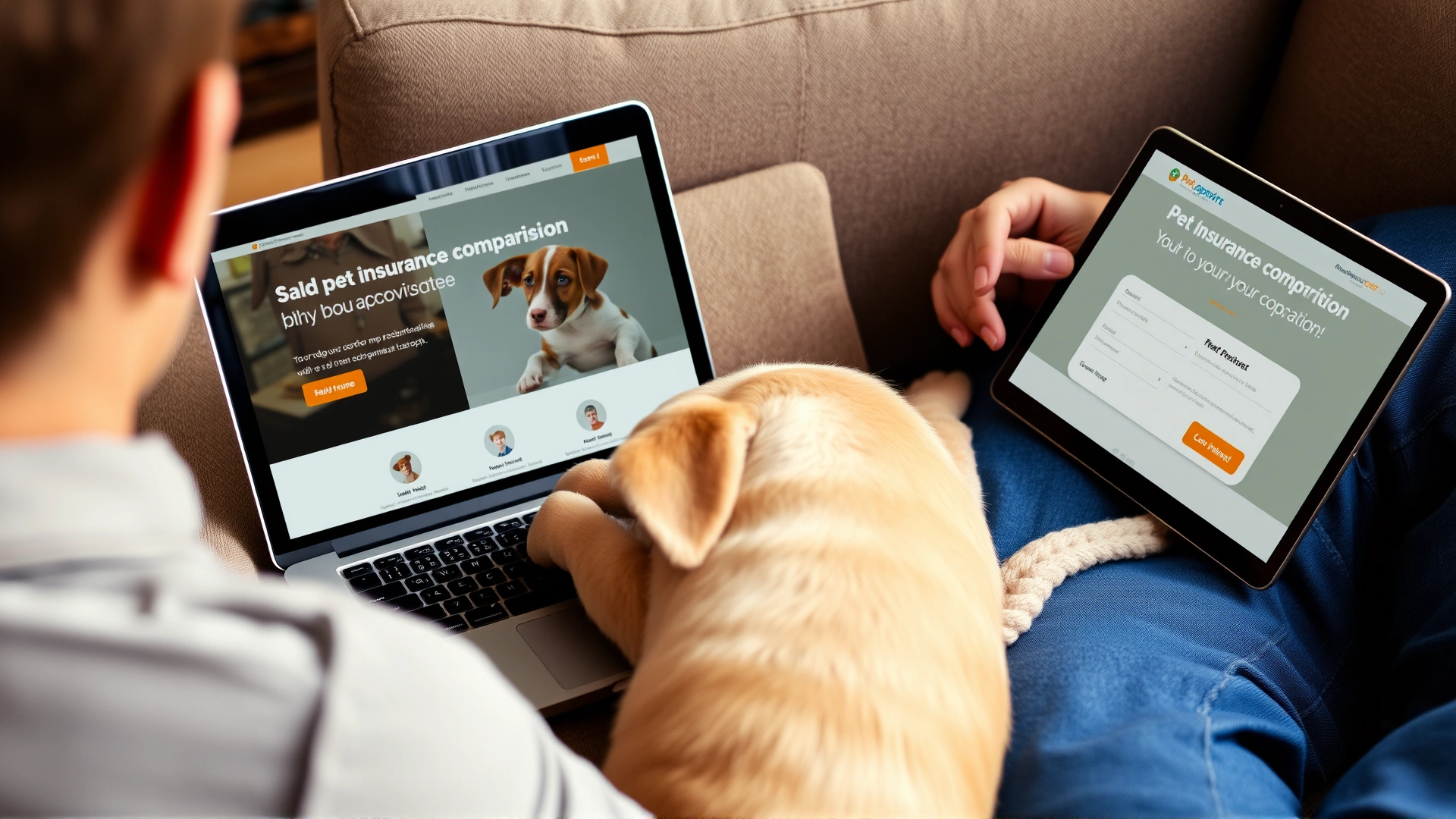 Dog owner sitting comfortably on a couch with a laptop open to a pet insurance comparison website while their relaxed puppy lies beside them.