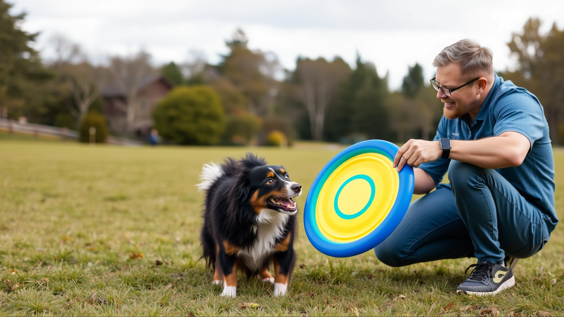 Owner crouching to let the dog play with a bright frisbee as a reward after successful command