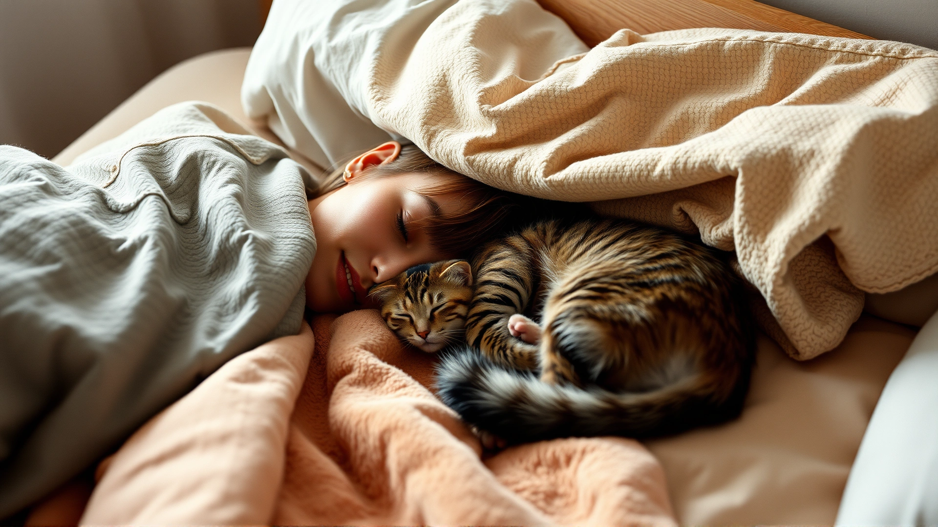Cozy bedroom with a person sleeping under a blanket while a cat curled up peacefully on the pillow beside them, early morning soft light.