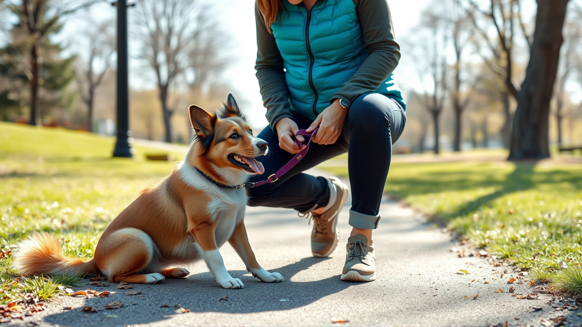 Owner kneeling to praise dog after a successful leash walk in a bright daylight park setting