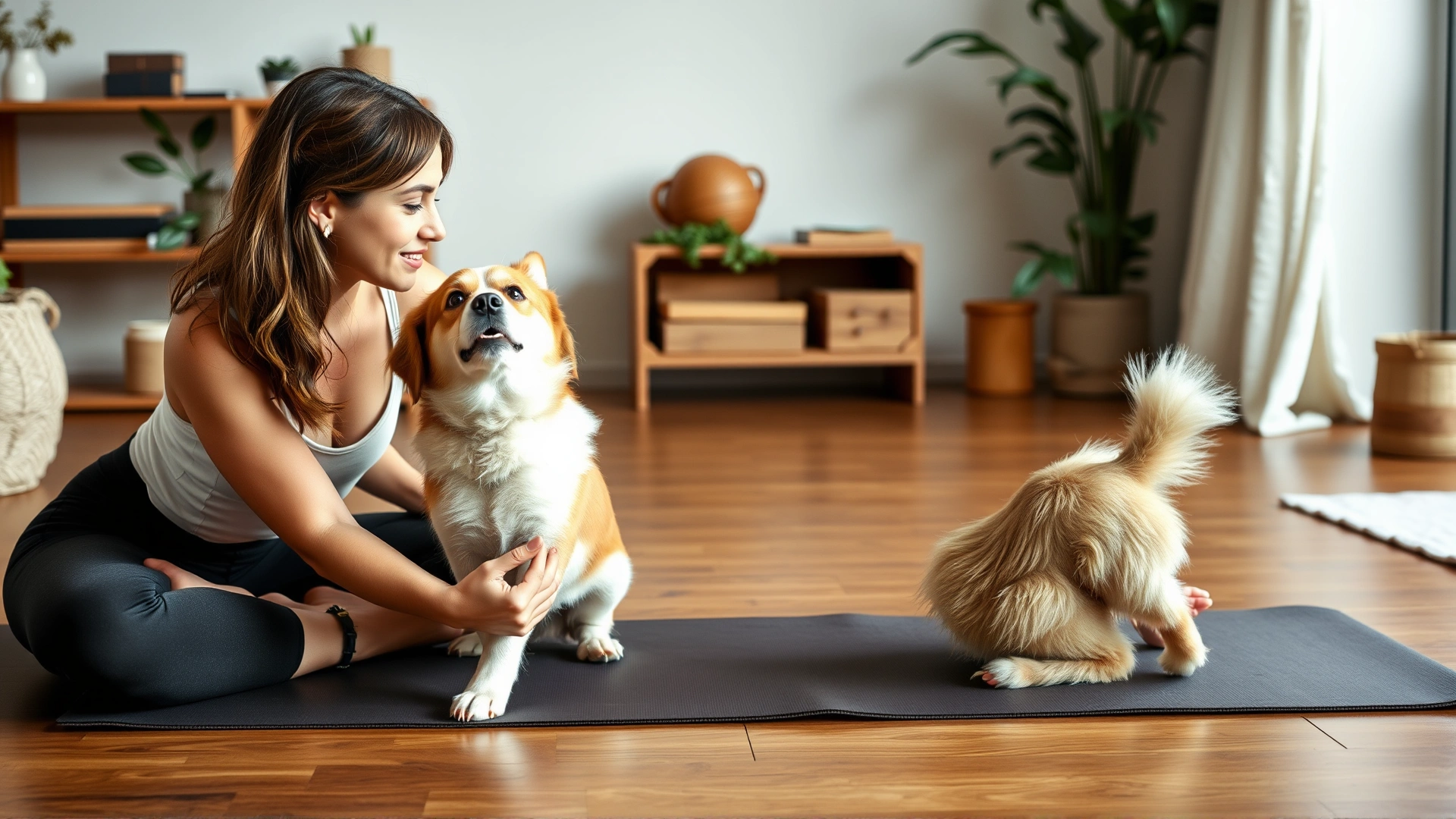 Young woman on yoga mat stretching alongside her dog performing greeting stretch in a cozy room