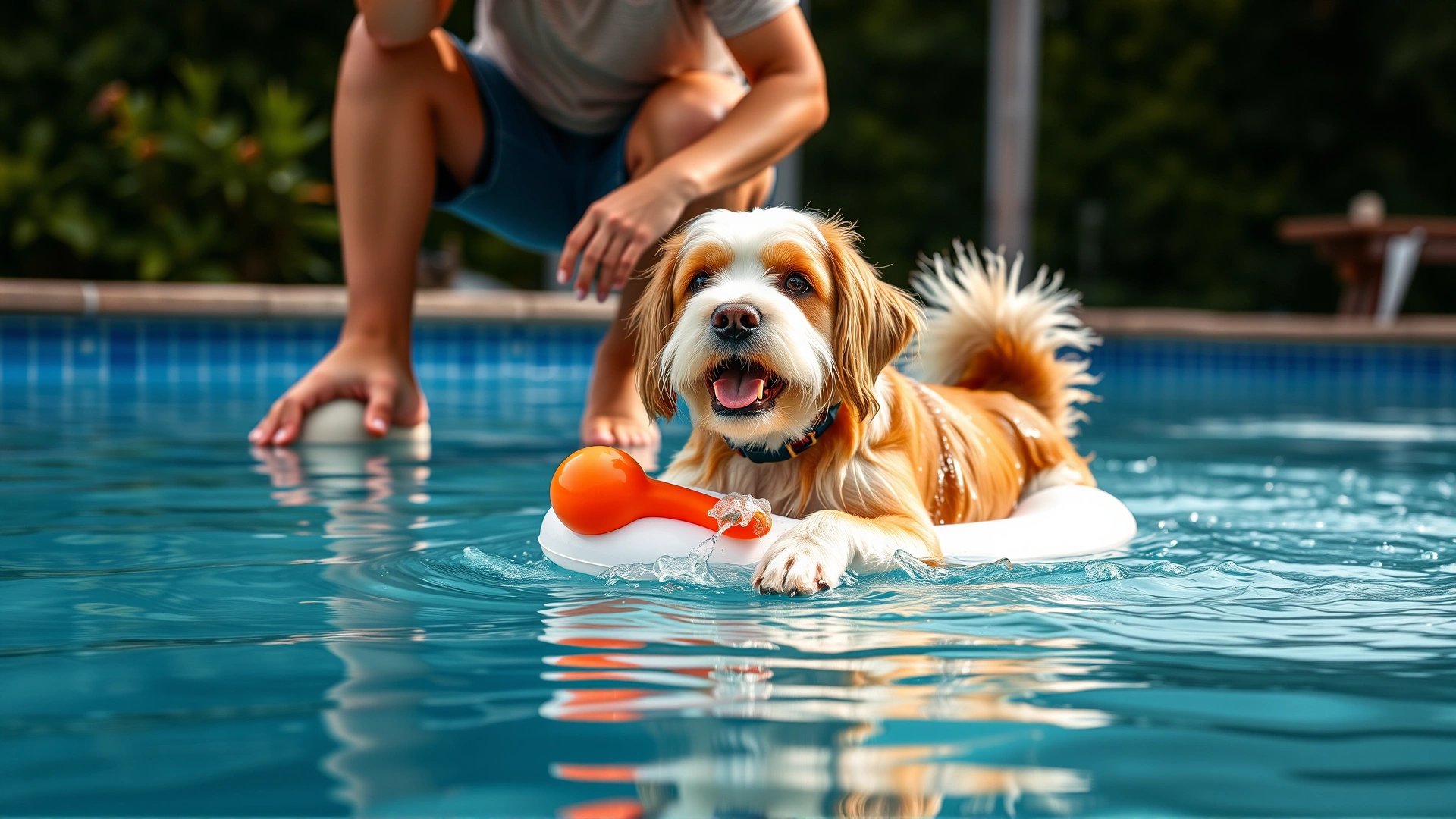 Owner kneeling poolside, attentively watching their dog paddling in the water while holding a floating toy
