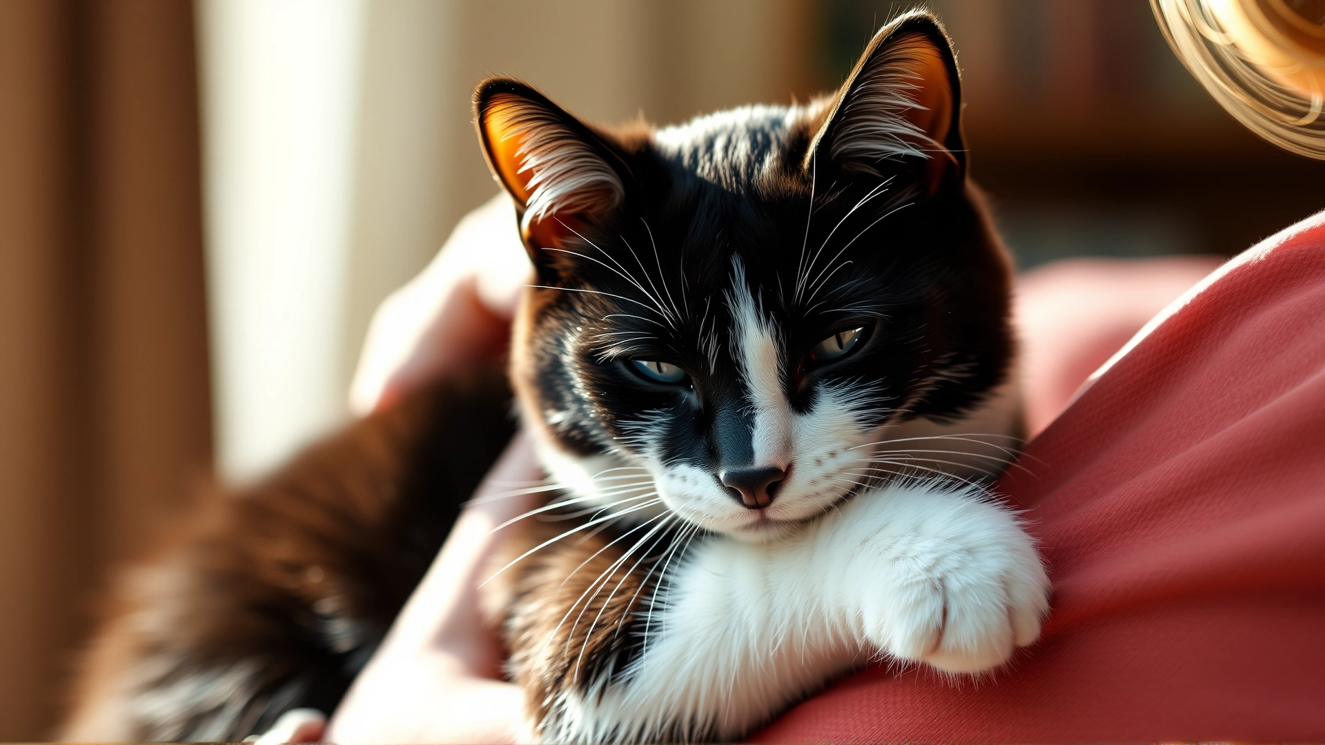 Cat owner gently holding and comforting adult tuxedo cat, warm light, emotional bonding scene