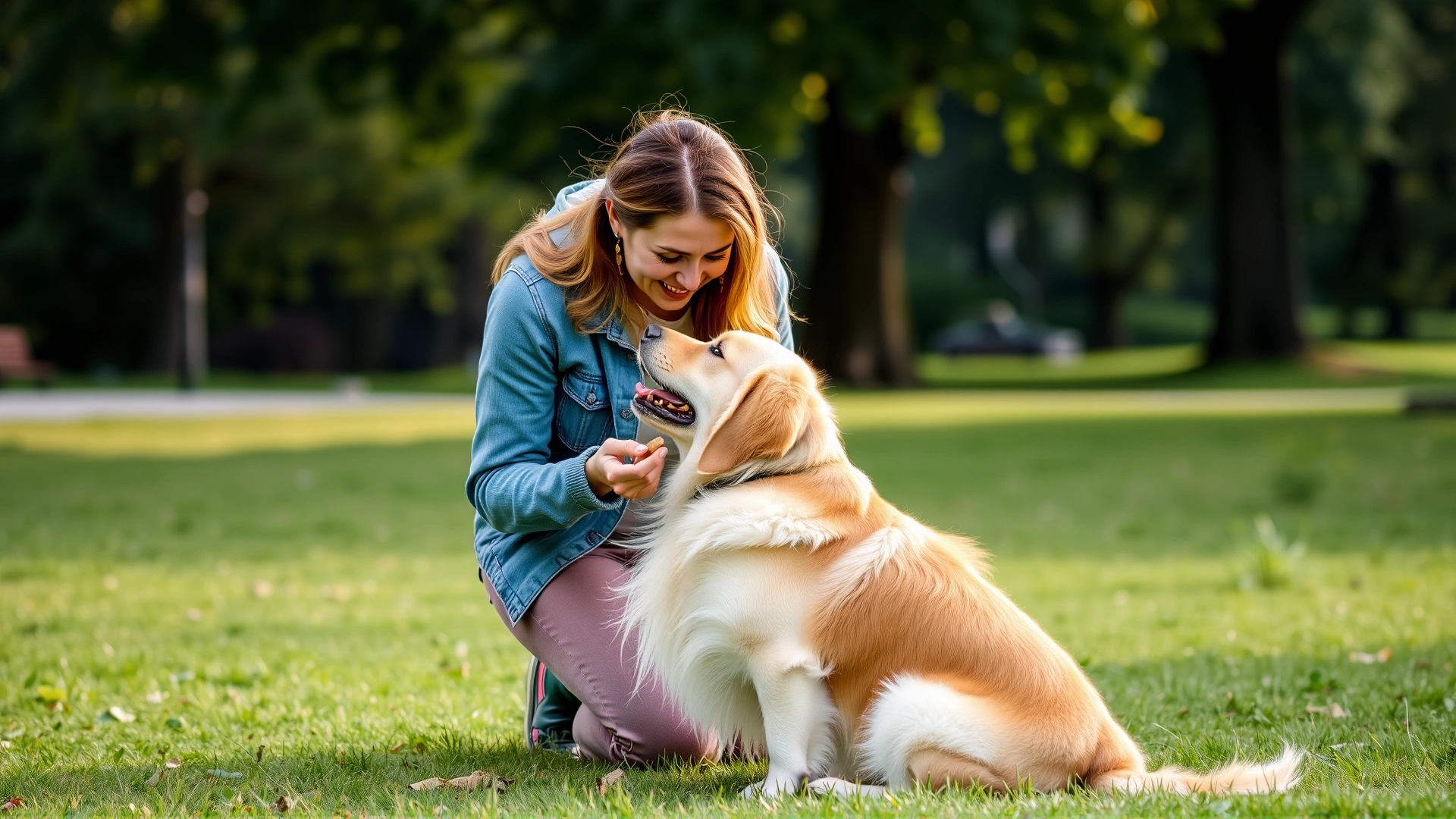 Female dog owner kneeling in a grassy park teaching her Golden Retriever to sit using a small treat, soft natural light, candid moment, no text