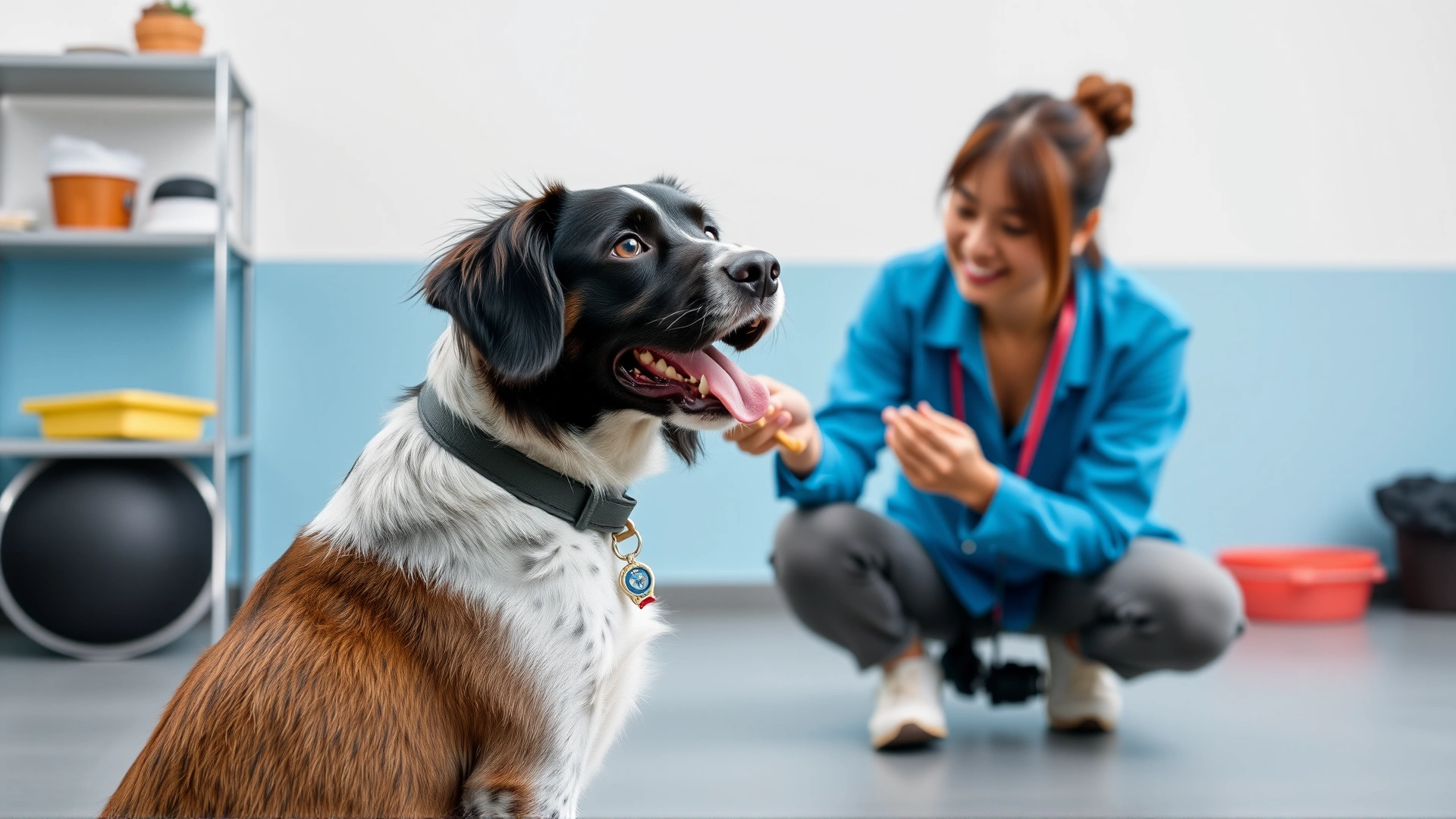 Professional dog trainer working with a dog and its owner in a training session using positive reinforcement treats.