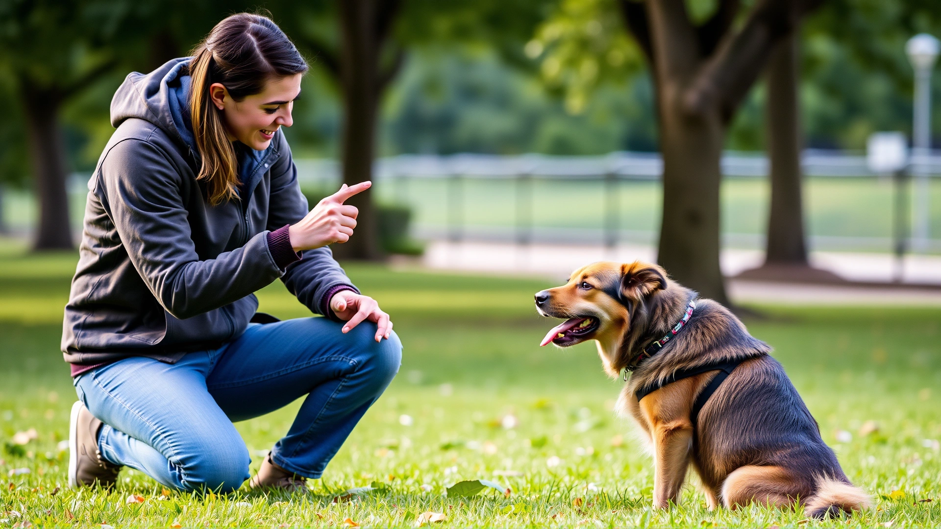 Dog owner kneeling in a park giving a hand signal to an attentive dog with a treat visible, showcasing positive reinforcement training