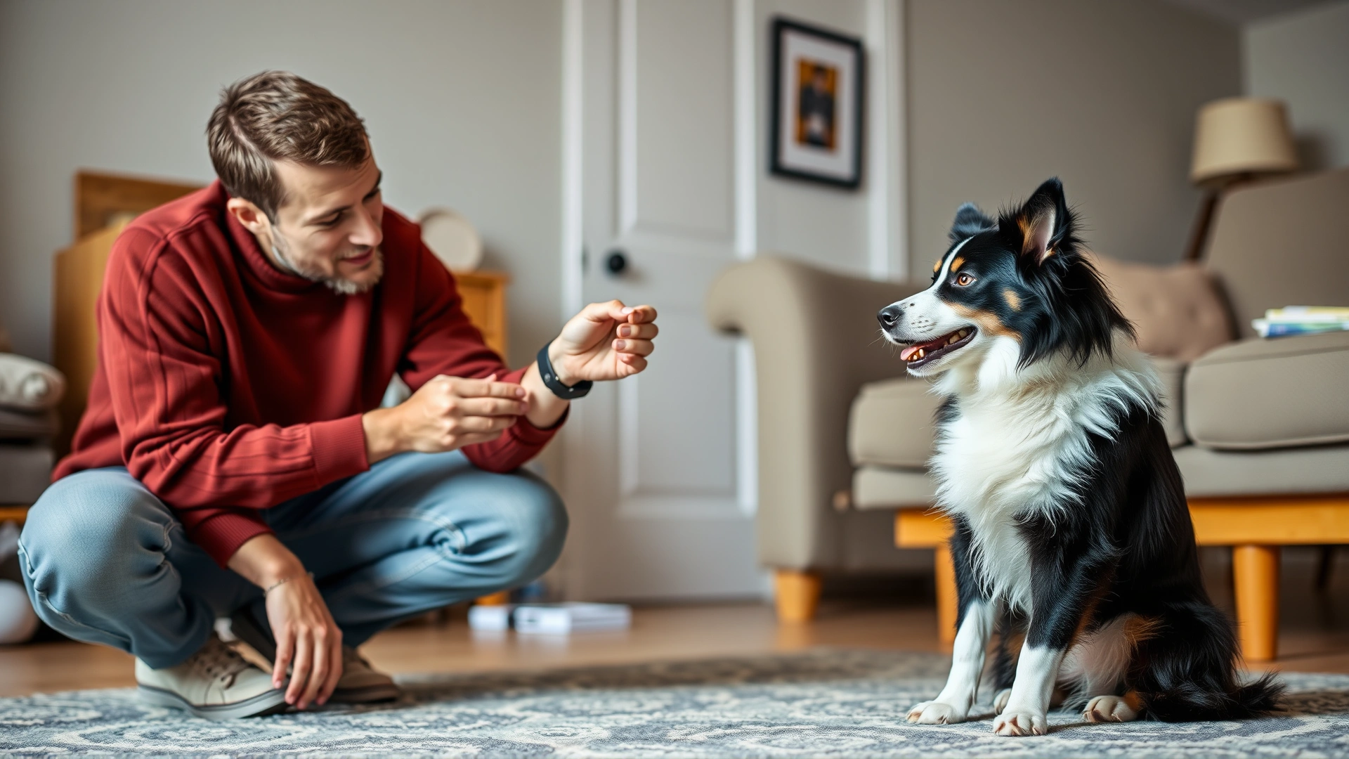 Dog owner crouching in a living room teaching a Border Collie the 'leave it' command, holding a treat while the dog focuses intently.