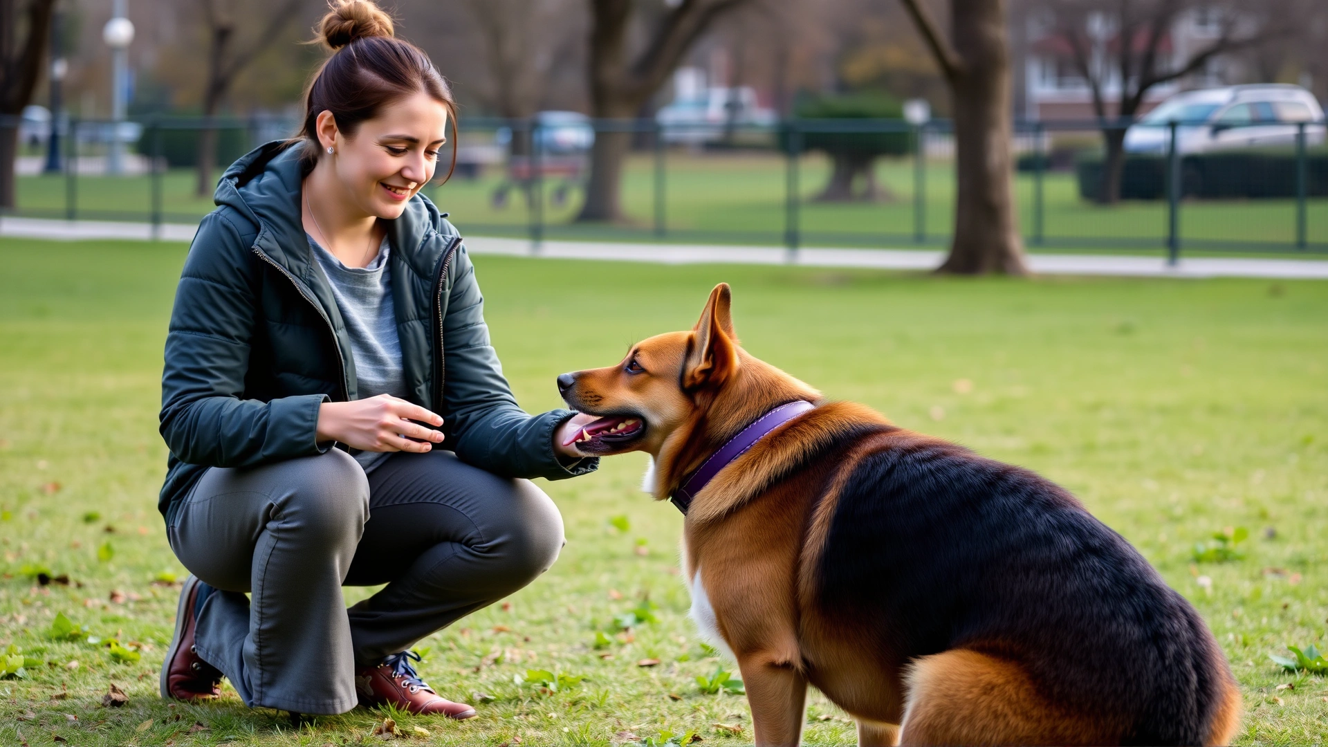 Outdoor scene of a dog owner kneeling and giving a calm hand signal to a sitting dog during positive reinforcement training in a park.