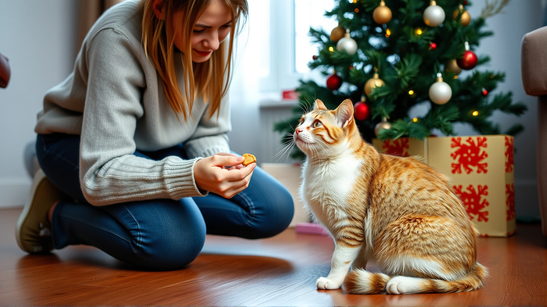 Pet owner kneeling beside a cat near a Christmas tree, offering a treat as positive reinforcement while the cat sits calmly.