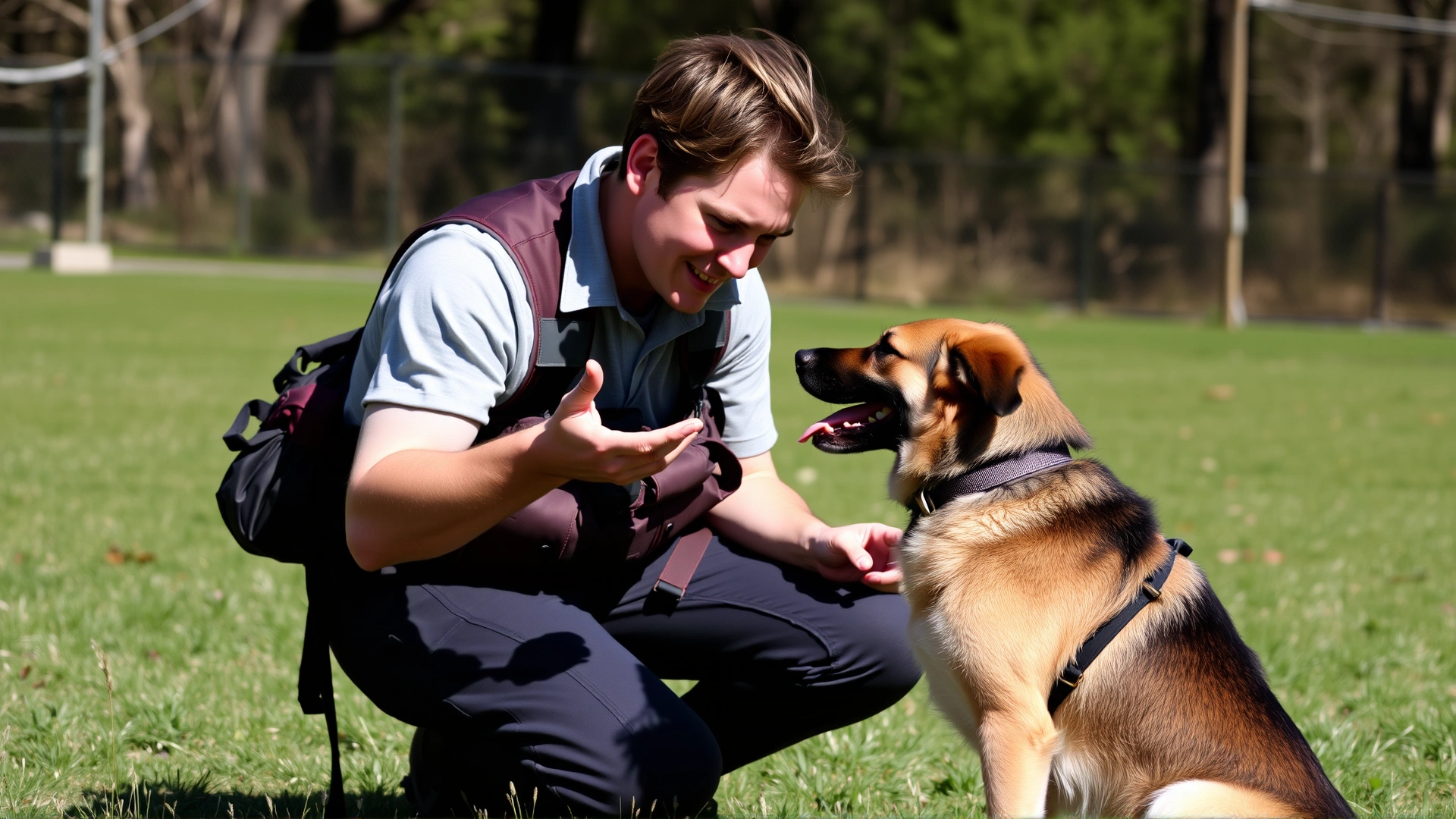 Dog trainer kneeling outdoors giving a verbal command to a medium-sized dog, hand gesture visible, sunny day.