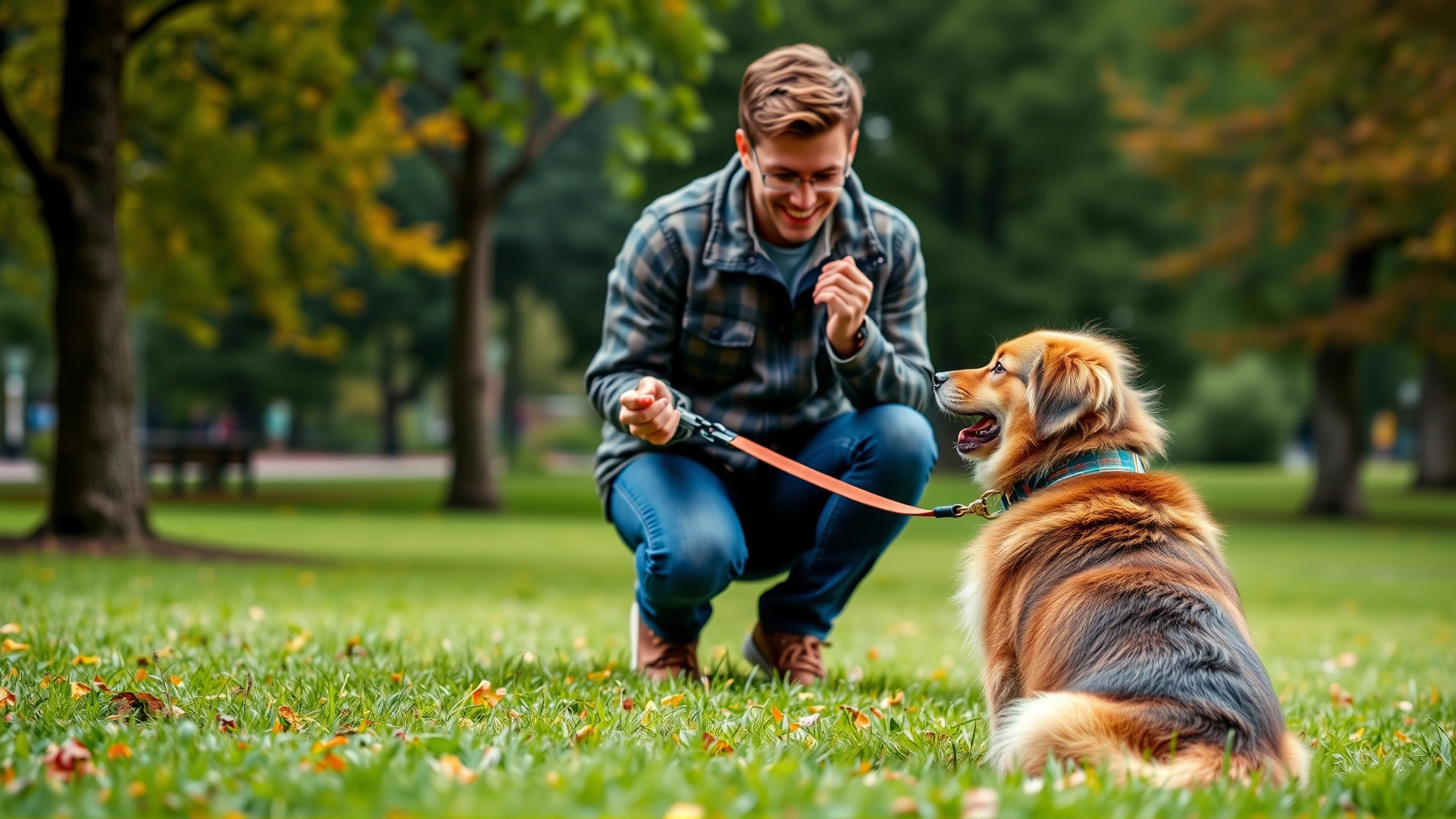 Dog owner kneeling in a park holding a treat while teaching a sit or leave-it command to an attentive dog on a leash, vibrant colors, candid moment