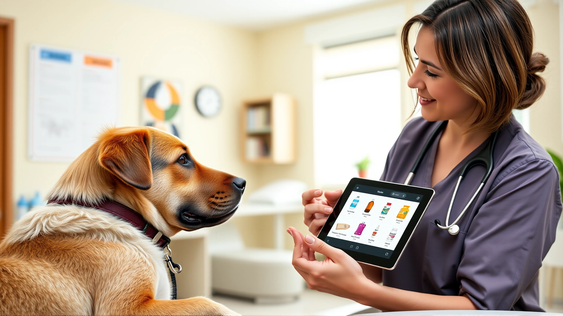 Dog owner discussing preventive options with a vet while pointing at a tablet displaying various product icons. Bright, welcoming clinic setting.