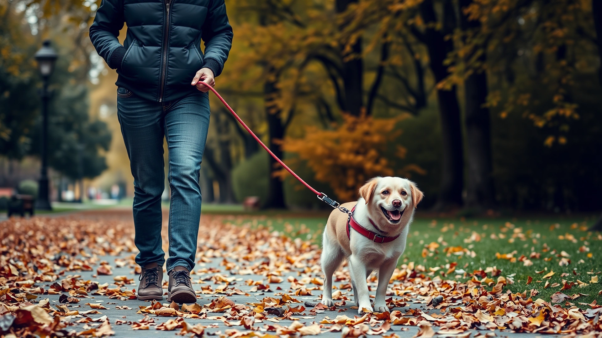 Pet owner walking calmly with a relaxed dog on a loose leash in a leafy park, autumn colors, happy expressions, candid style.