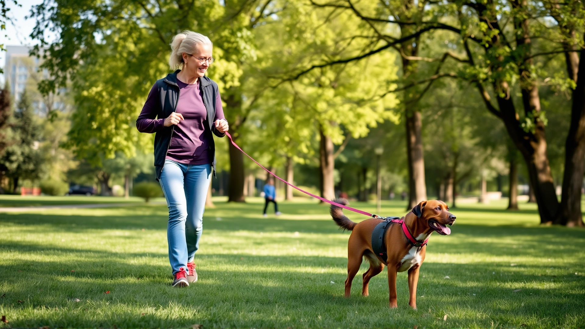Owner walking a dog on leash in a green park during mild sunny weather, illustrating moderate exercise.