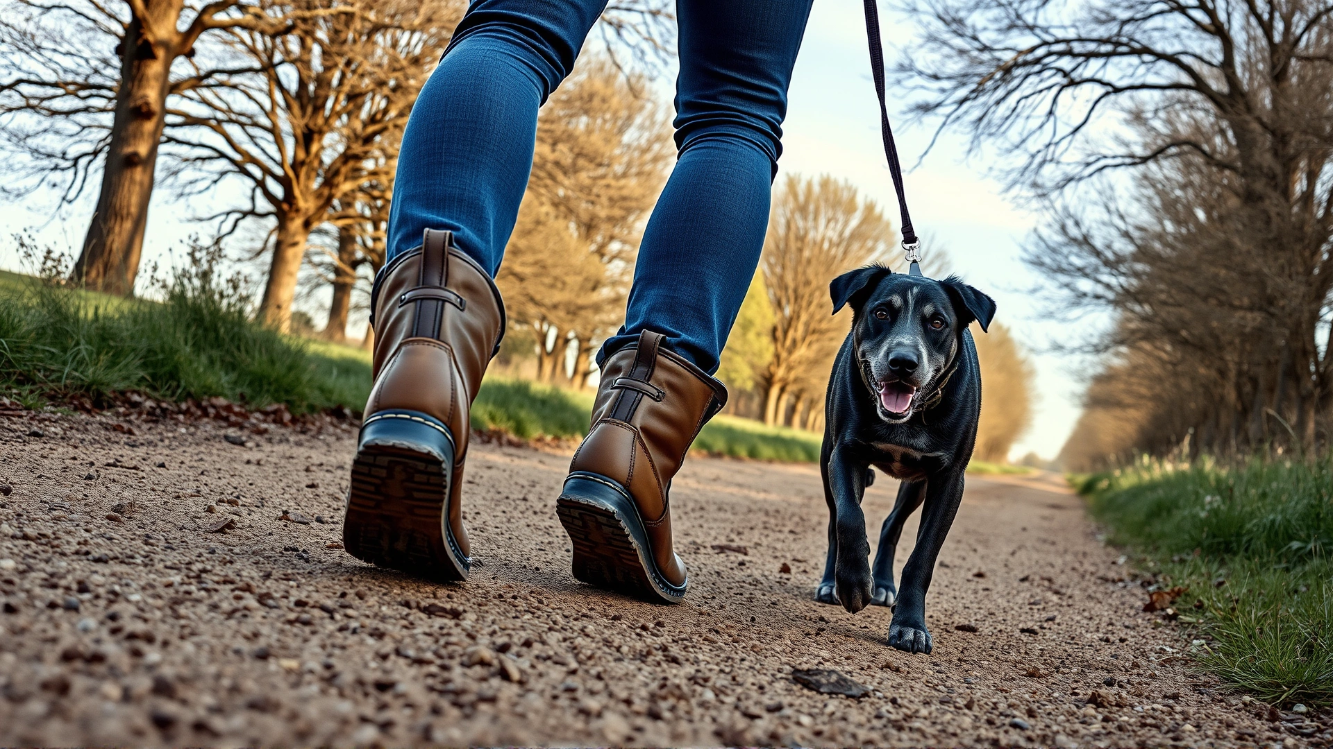 A person wearing farm boots walking briskly with a dog on a leash along a dirt country road lined with trees
