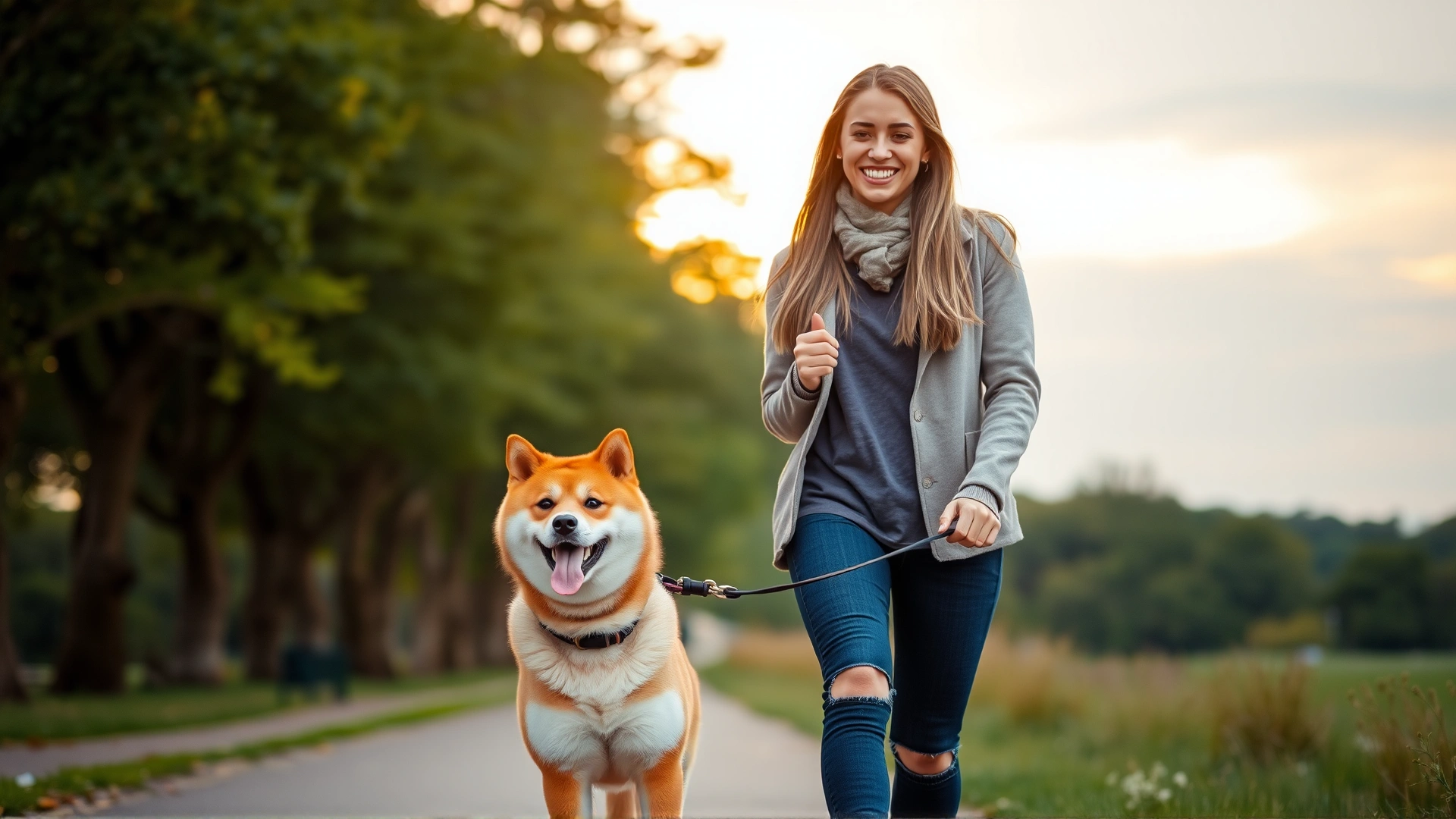 Smiling young woman walking a Shiba Inu puppy on a leash along a tree-lined park path during golden hour.