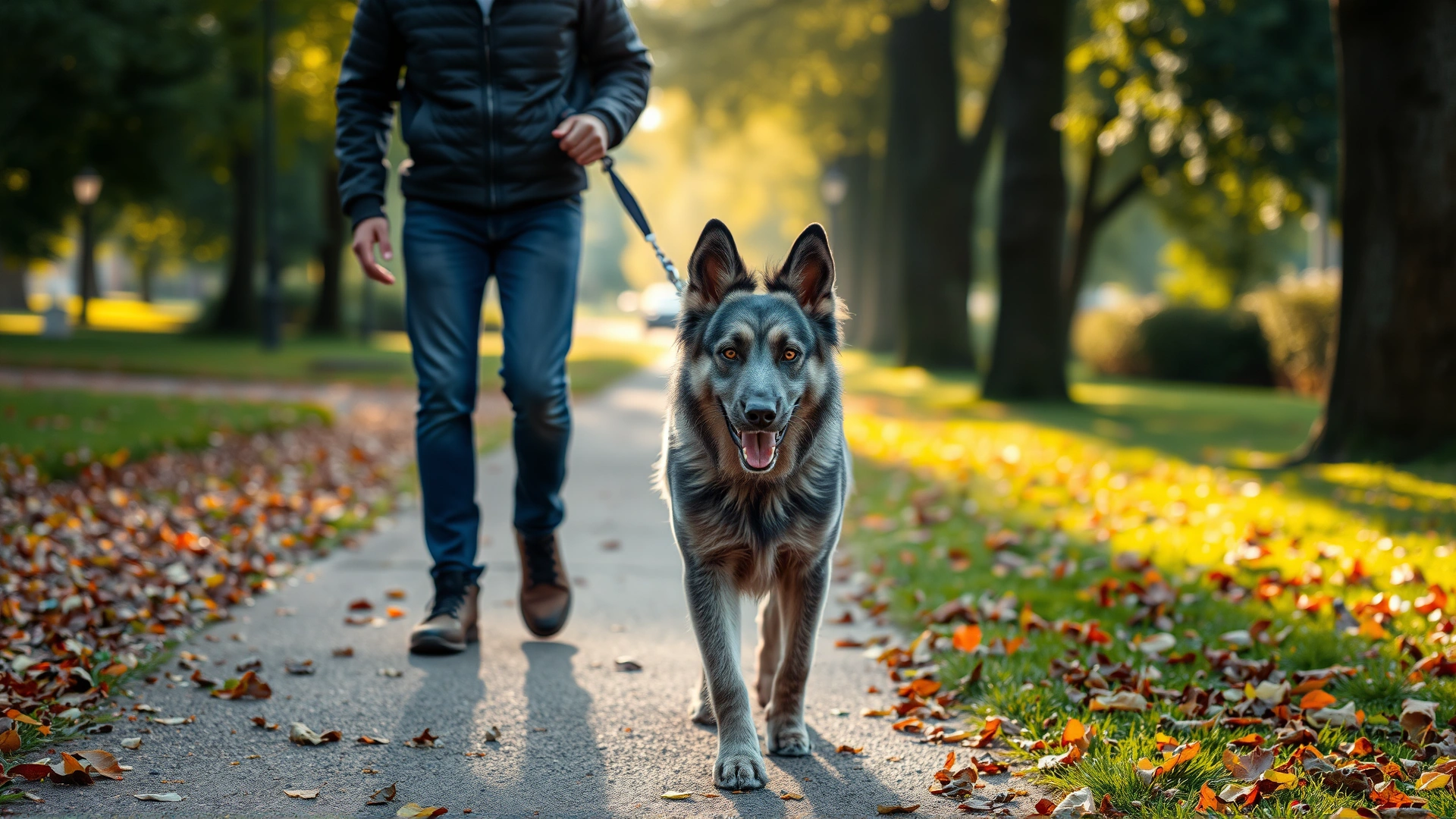 Early morning scene of an owner walking a gray-muzzled Shepherd mix on a leafy park path, soft sunlight and relaxed atmosphere.