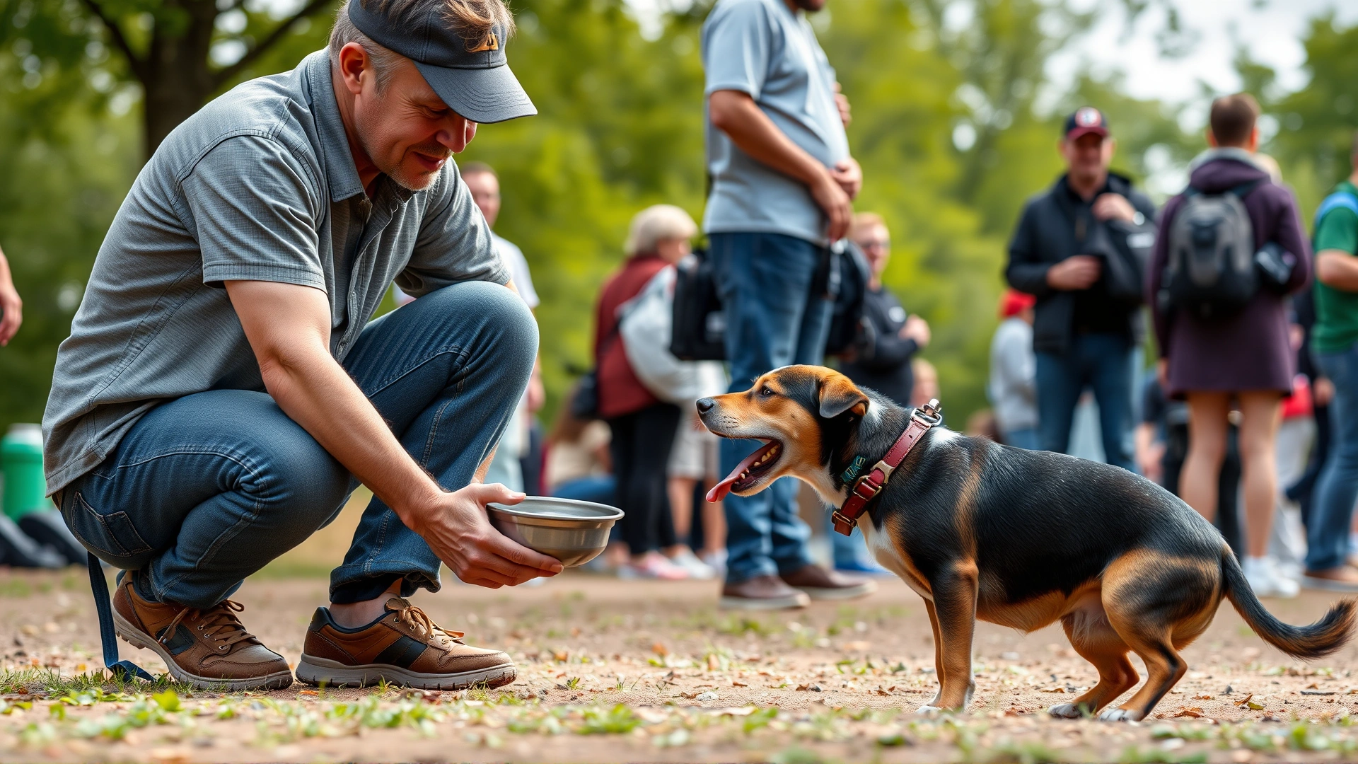 Owner kneeling to offer water from a collapsible bowl to a panting dog during a daytime park event, surrounded by other attendees in the background.