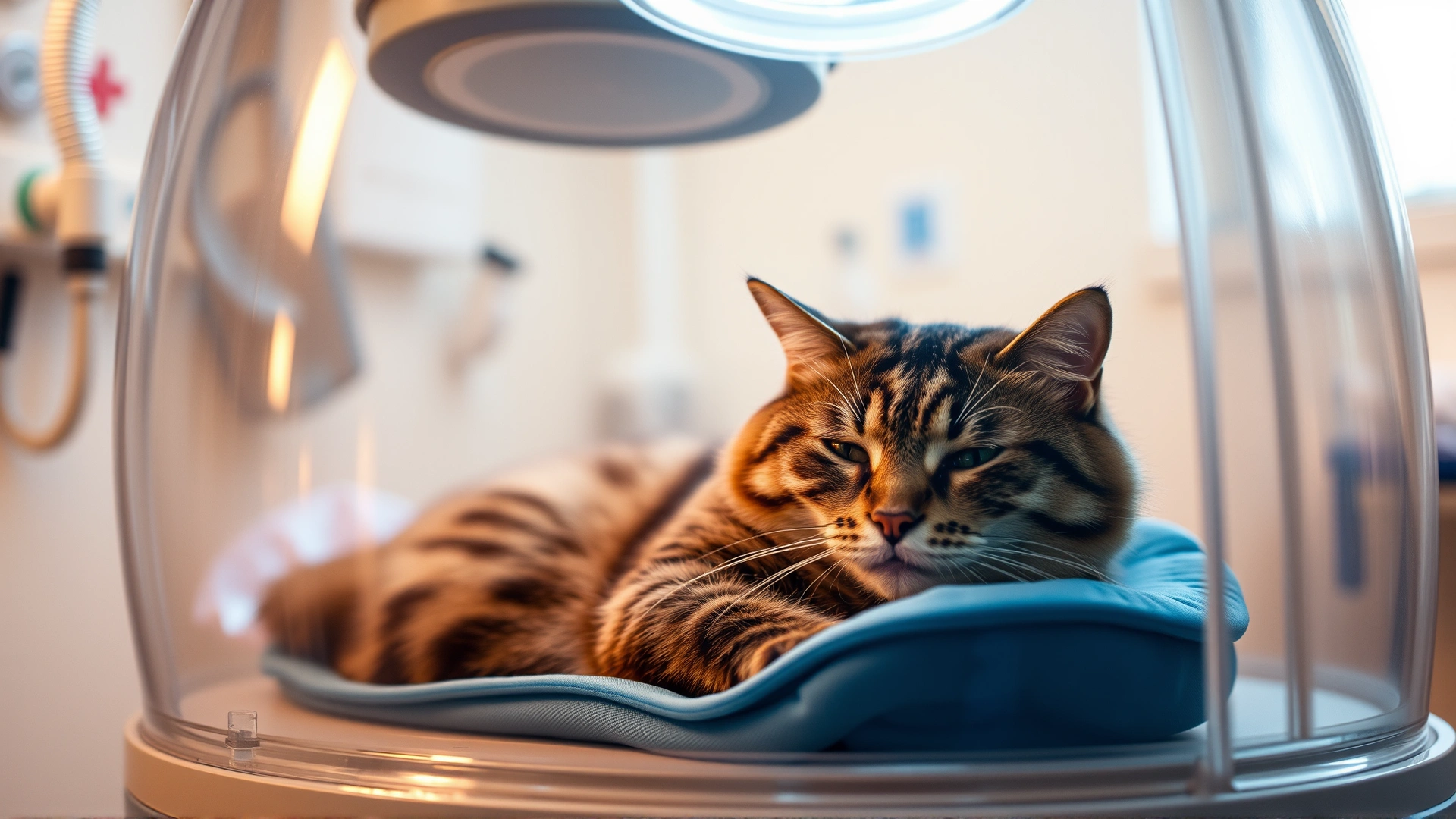 Cat resting comfortably inside a transparent oxygen therapy chamber at a veterinary hospital, warm ambient lighting.