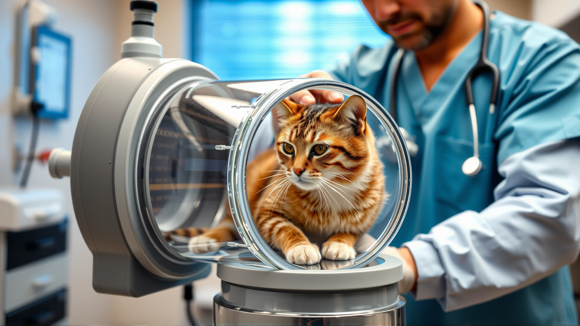 Veterinarian adjusting a transparent oxygen chamber containing a resting cat in a modern animal hospital setting.