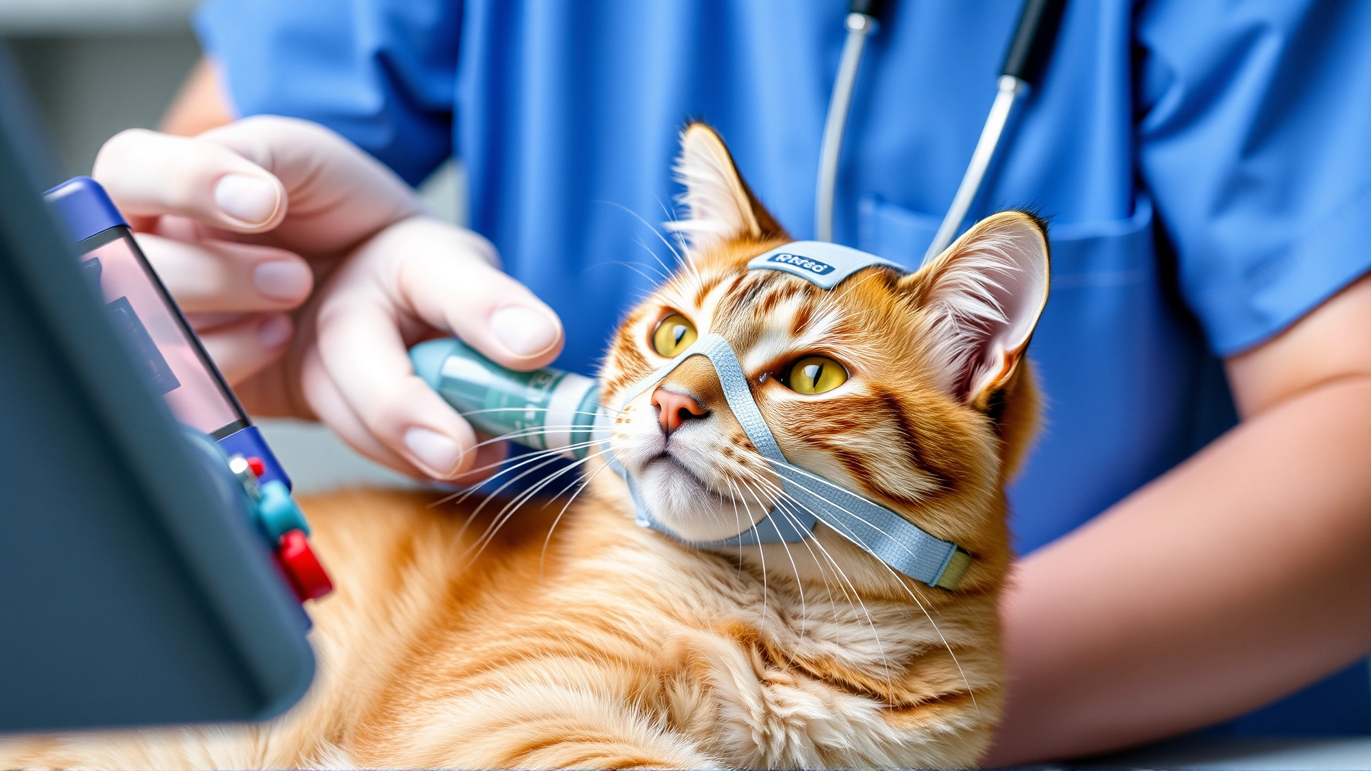 Veterinary technician administering oxygen to a cat through a soft mask while monitoring vital signs.
