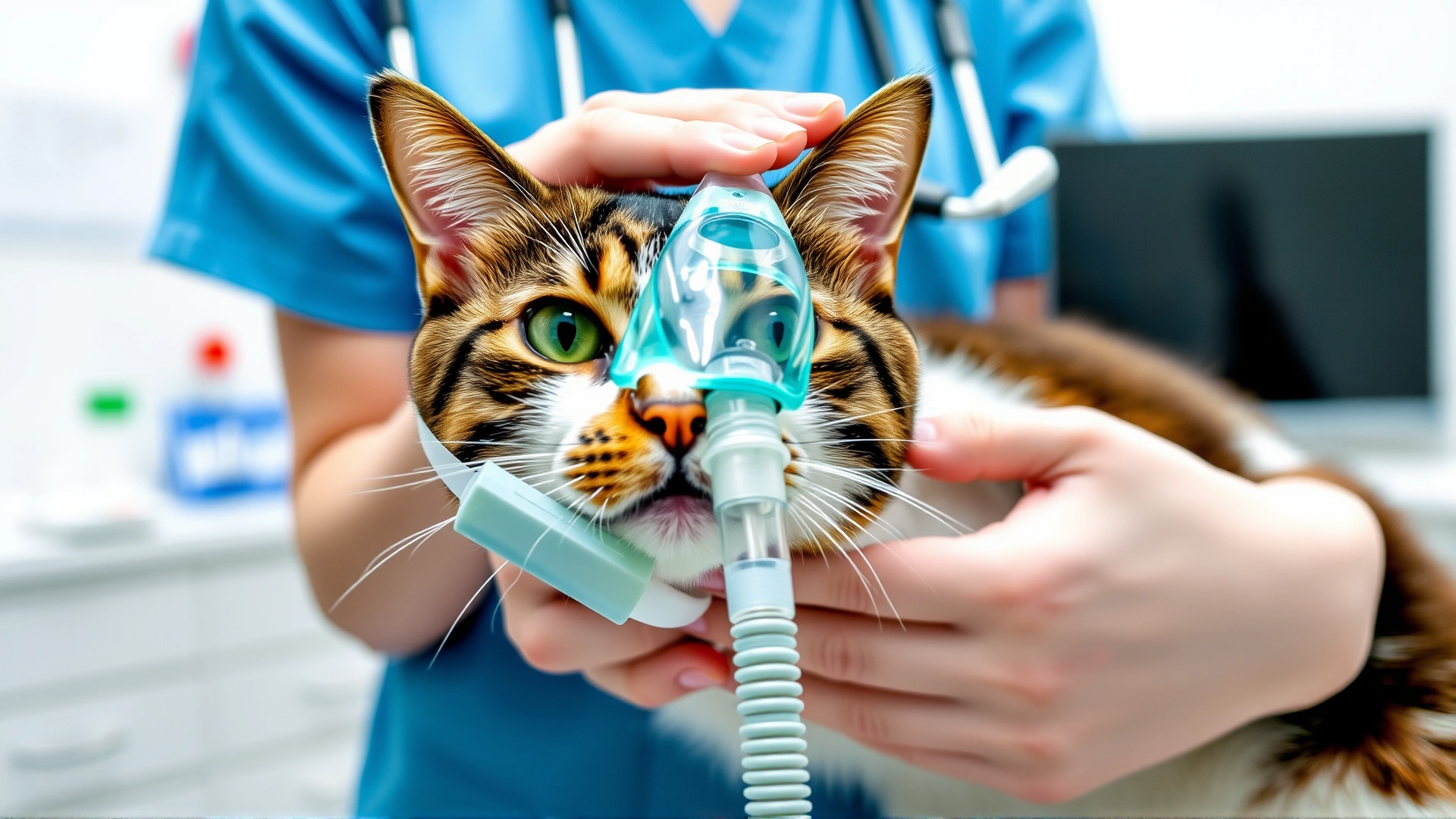 Veterinarian gently holding an oxygen mask over a cat's face in a clinic setting, bright and clean environment, no text