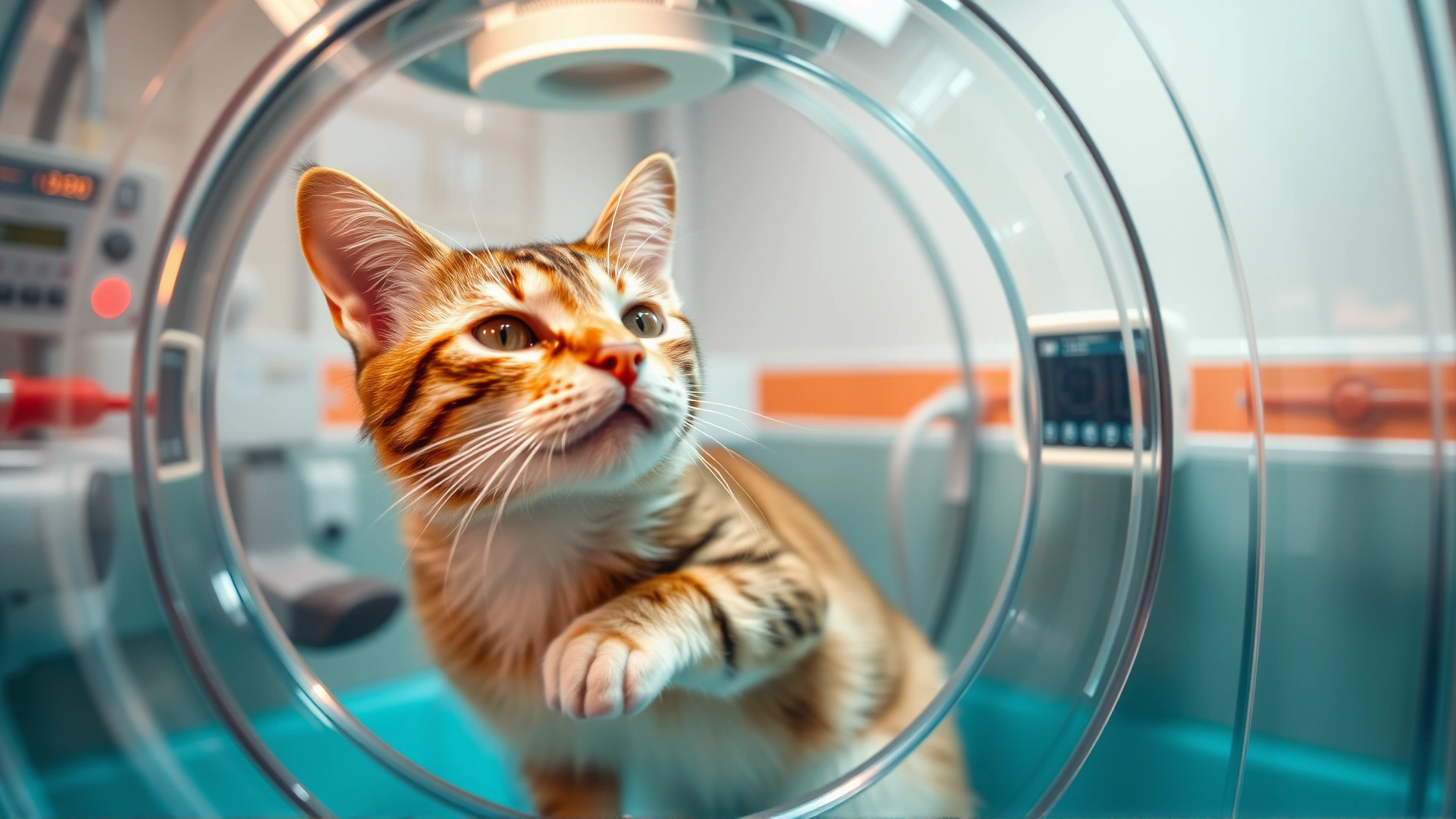 Close-up of a cat inside an oxygen chamber at a veterinary clinic, showing clear acrylic walls and monitoring equipment