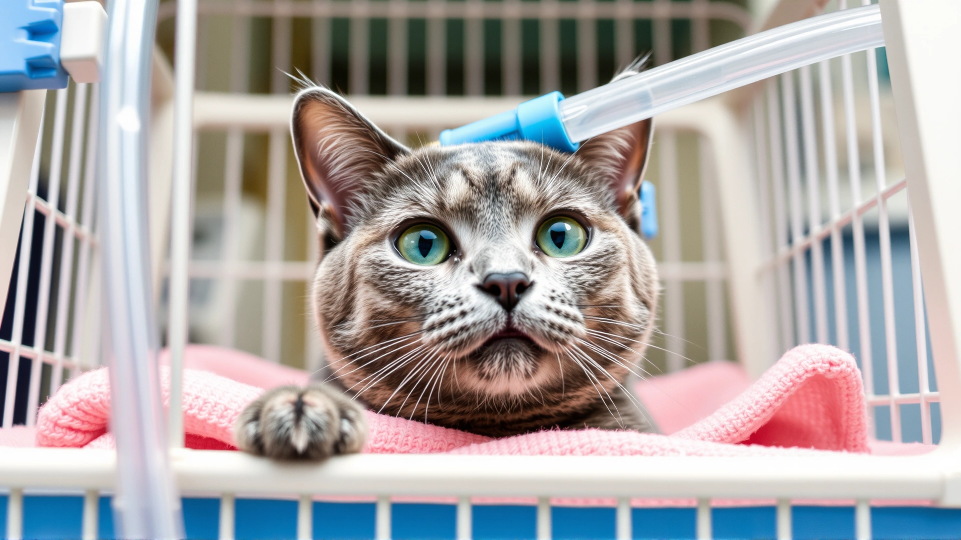 Photo of a grey domestic cat inside an oxygen cage receiving oxygen therapy at a veterinary clinic