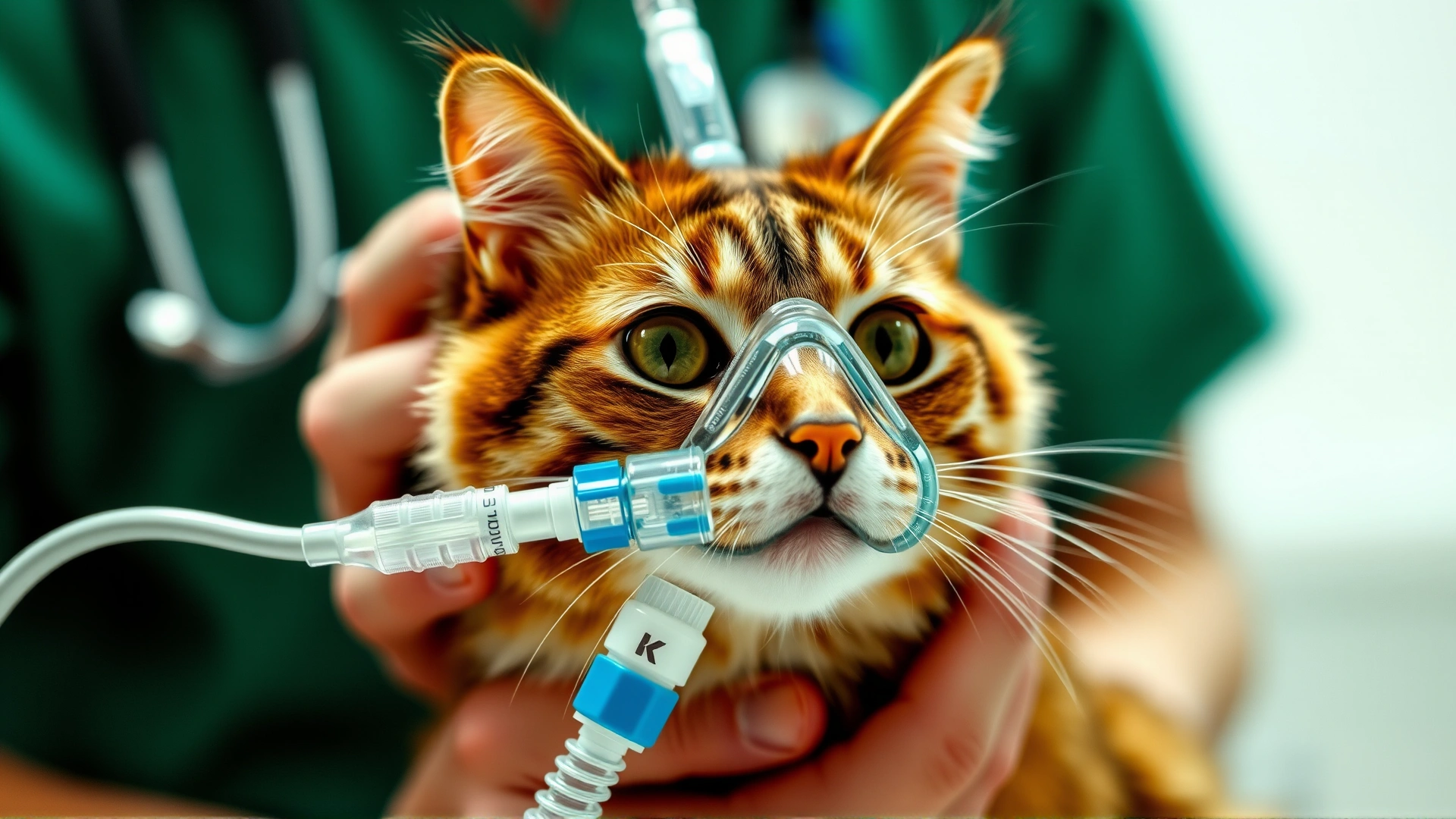 Cat wearing a clear oxygen mask gently held by a veterinarian technician, medical equipment visible but not distracting, bright yet soft lighting