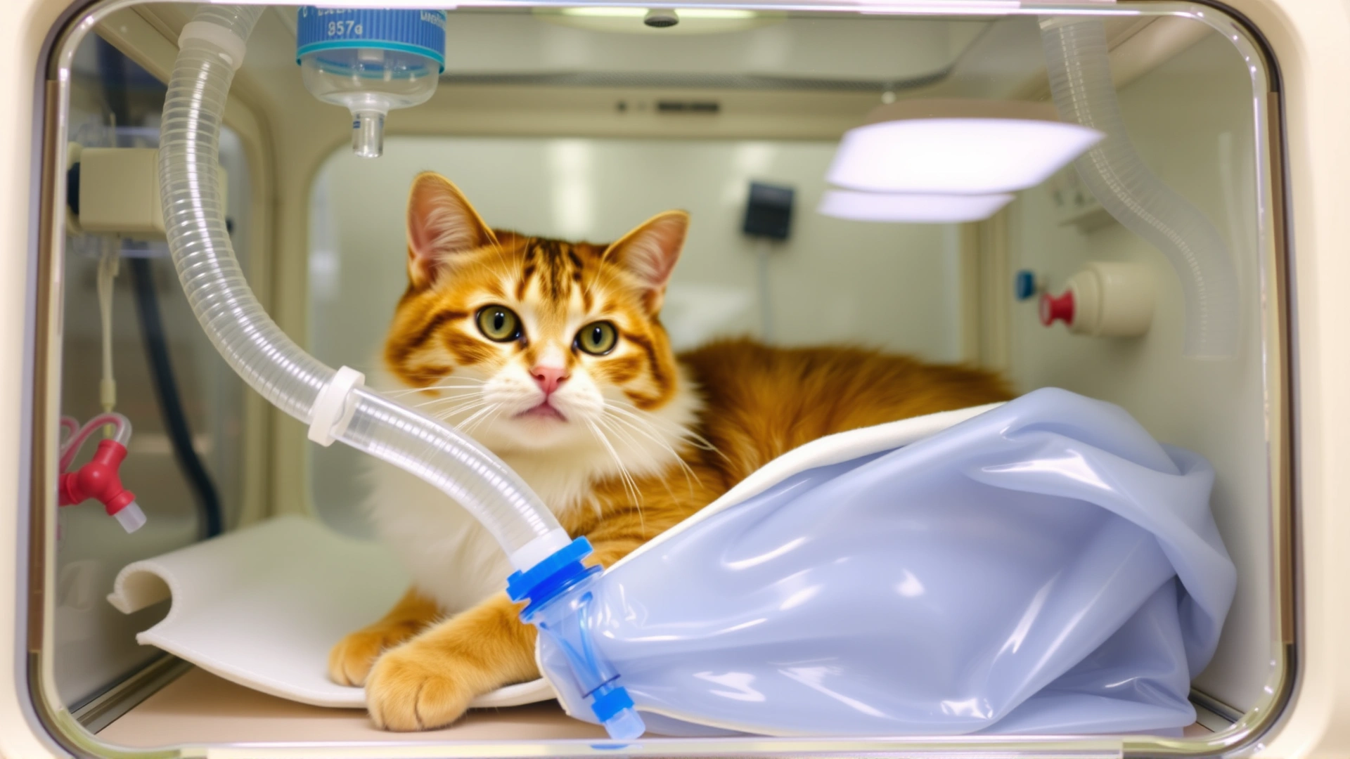 Cat inside a transparent oxygen chamber at a veterinary hospital with tubing and monitoring devices visible.