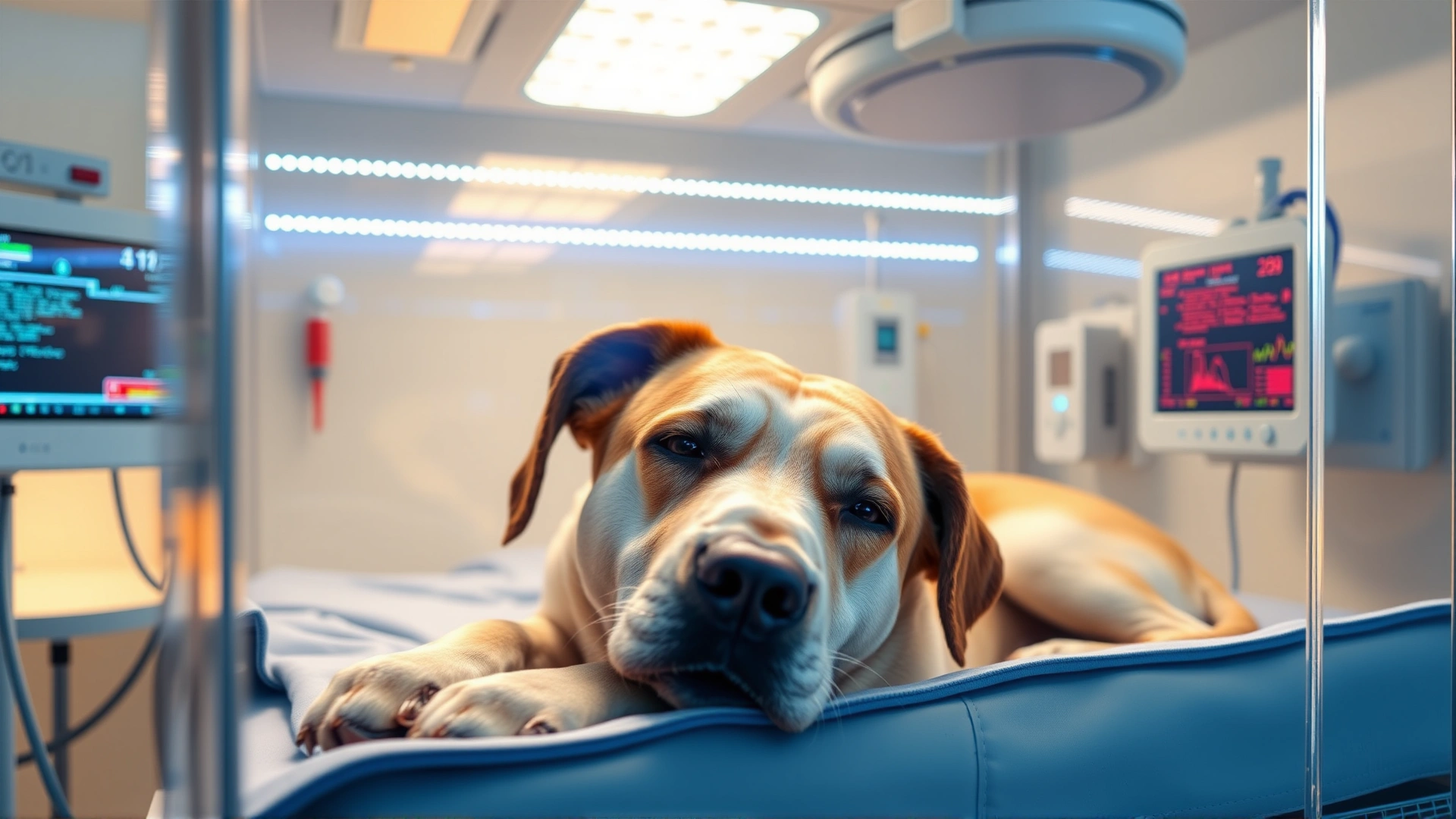 Dog resting inside an oxygen cage in a veterinary intensive care unit, soft LED lights reflecting on the transparent walls, medical monitors nearby.