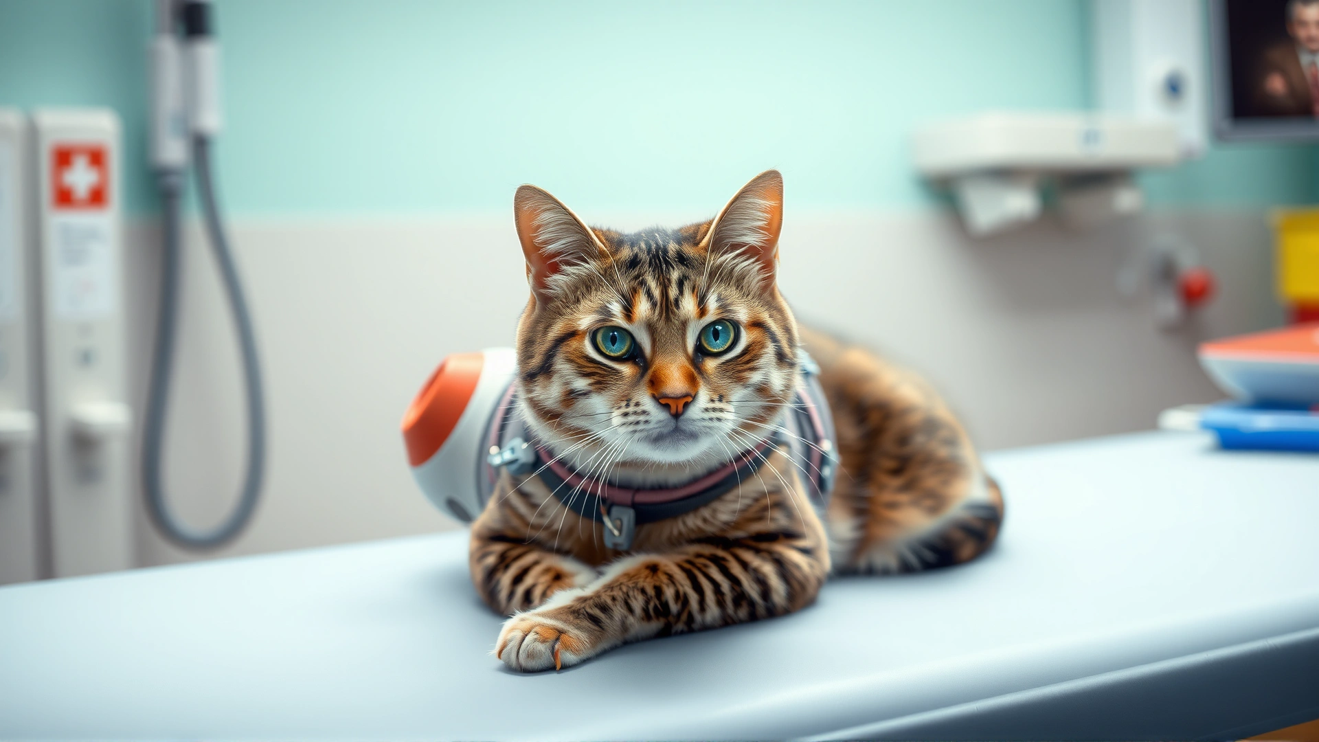 Illustrative photo of a cat recovering after pacemaker surgery wearing a light medical vest; calm posture on a clean vet table