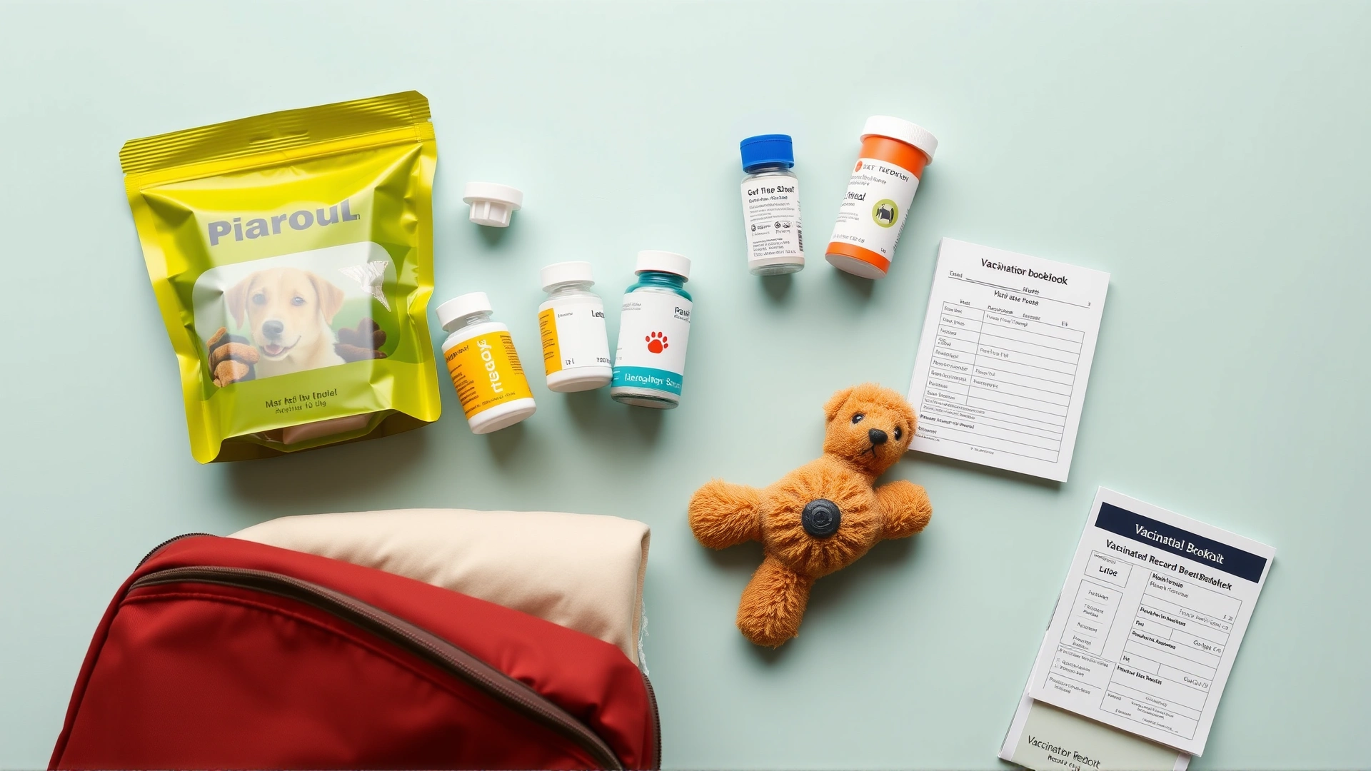 Flat lay of neatly arranged dog travel essentials: portioned food bags, medication bottles, favorite toy, bedding and vaccination record booklet.