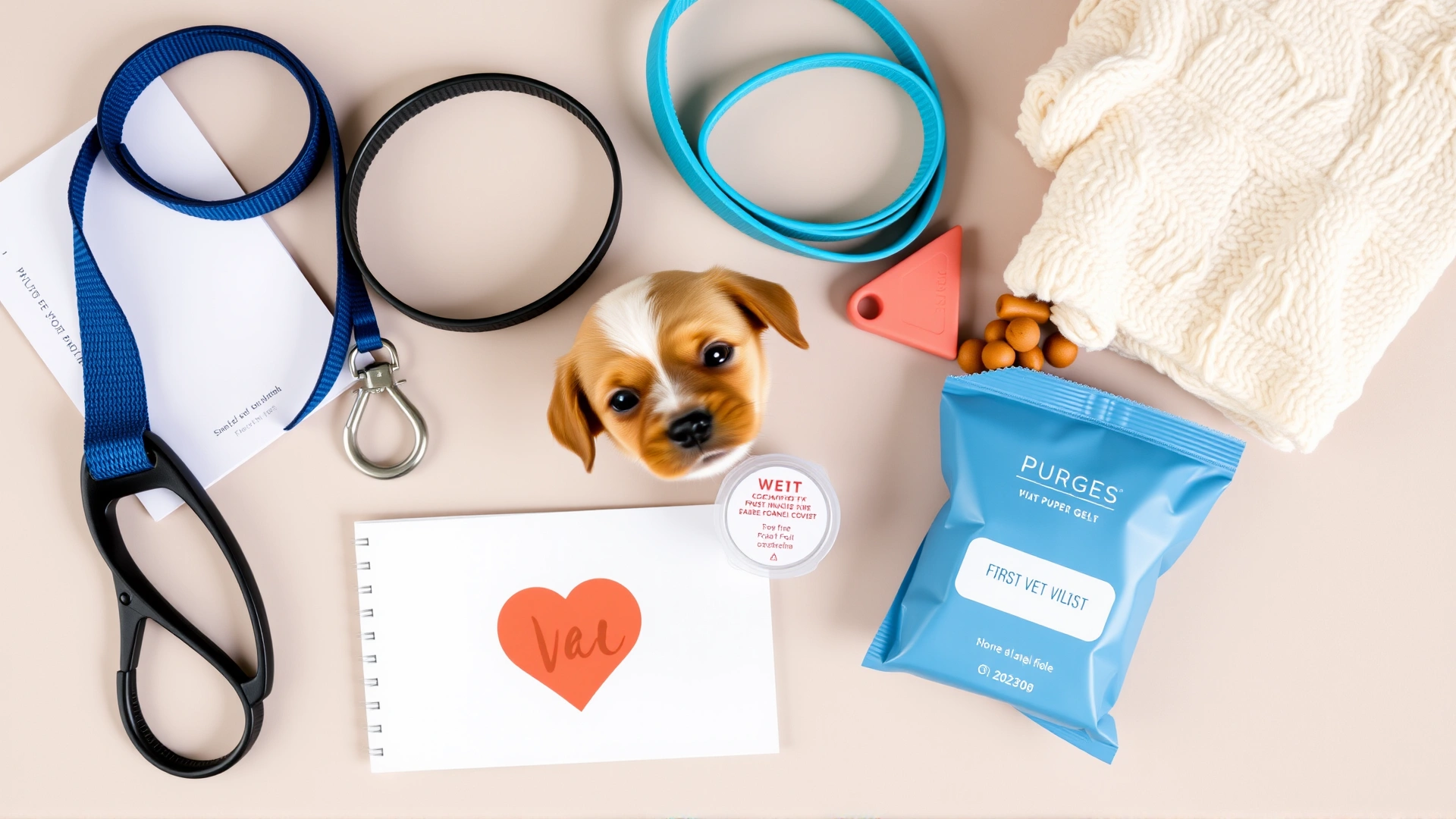 A neatly arranged flat lay of items needed for a puppy's first vet visit, including leash, vaccination booklet, small stool sample container, treats and a soft blanket, all on a neutral background.