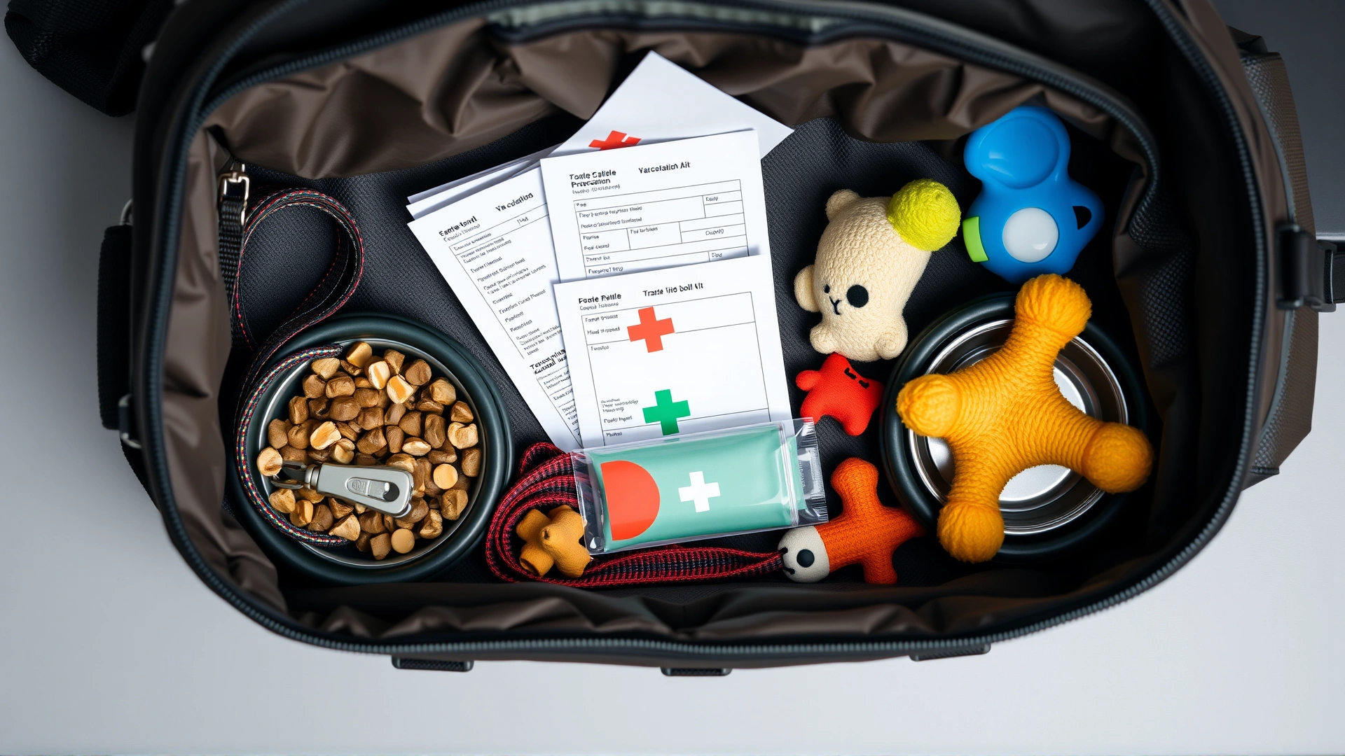 Flat lay of an open travel bag displaying dog essentials: collapsible bowls, leash, kibble, toys, vaccination papers, and a small first-aid kit