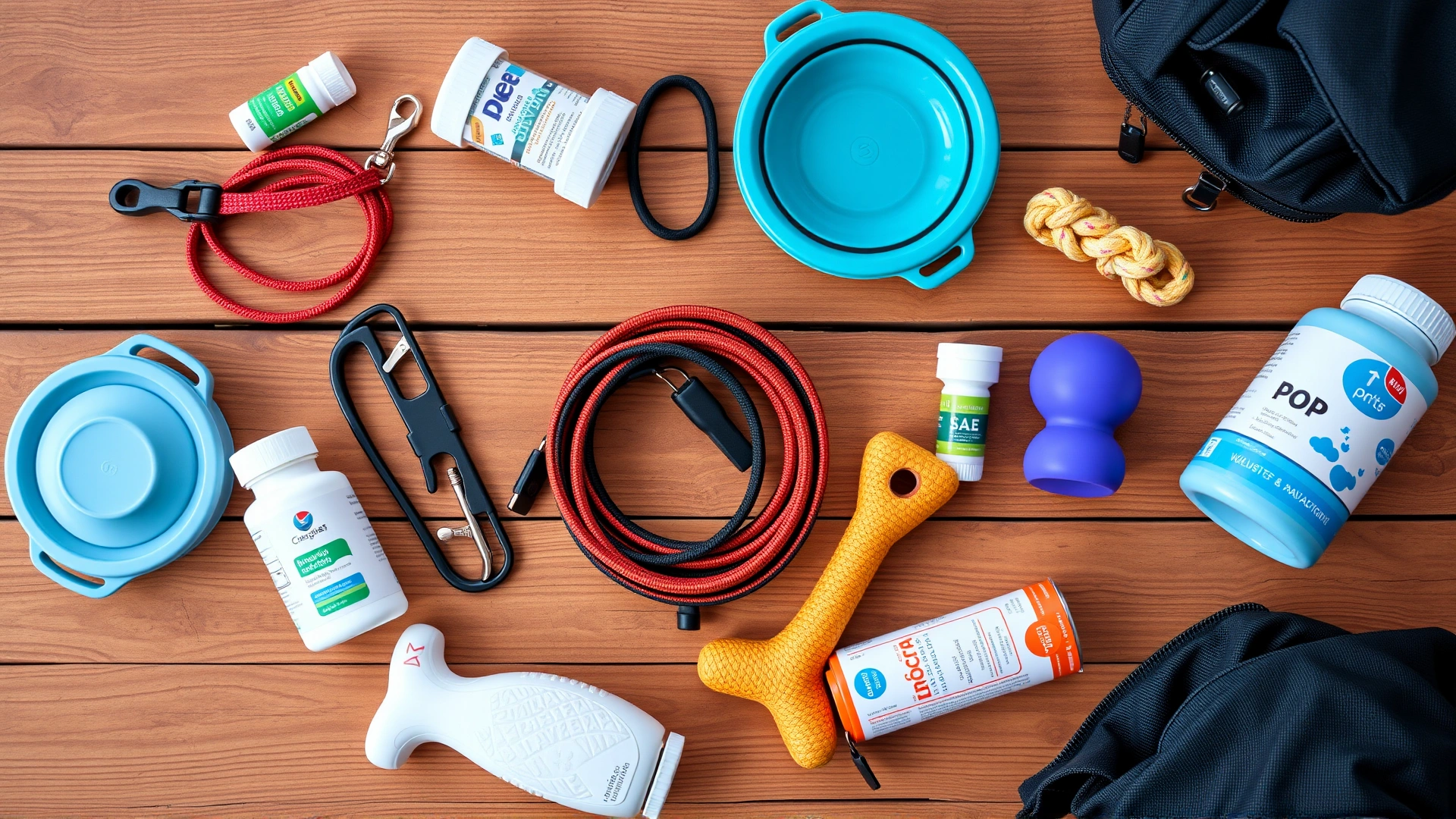 Flat lay of pet travel essentials including collapsible bowls, leashes, medications, and toys on a wooden surface