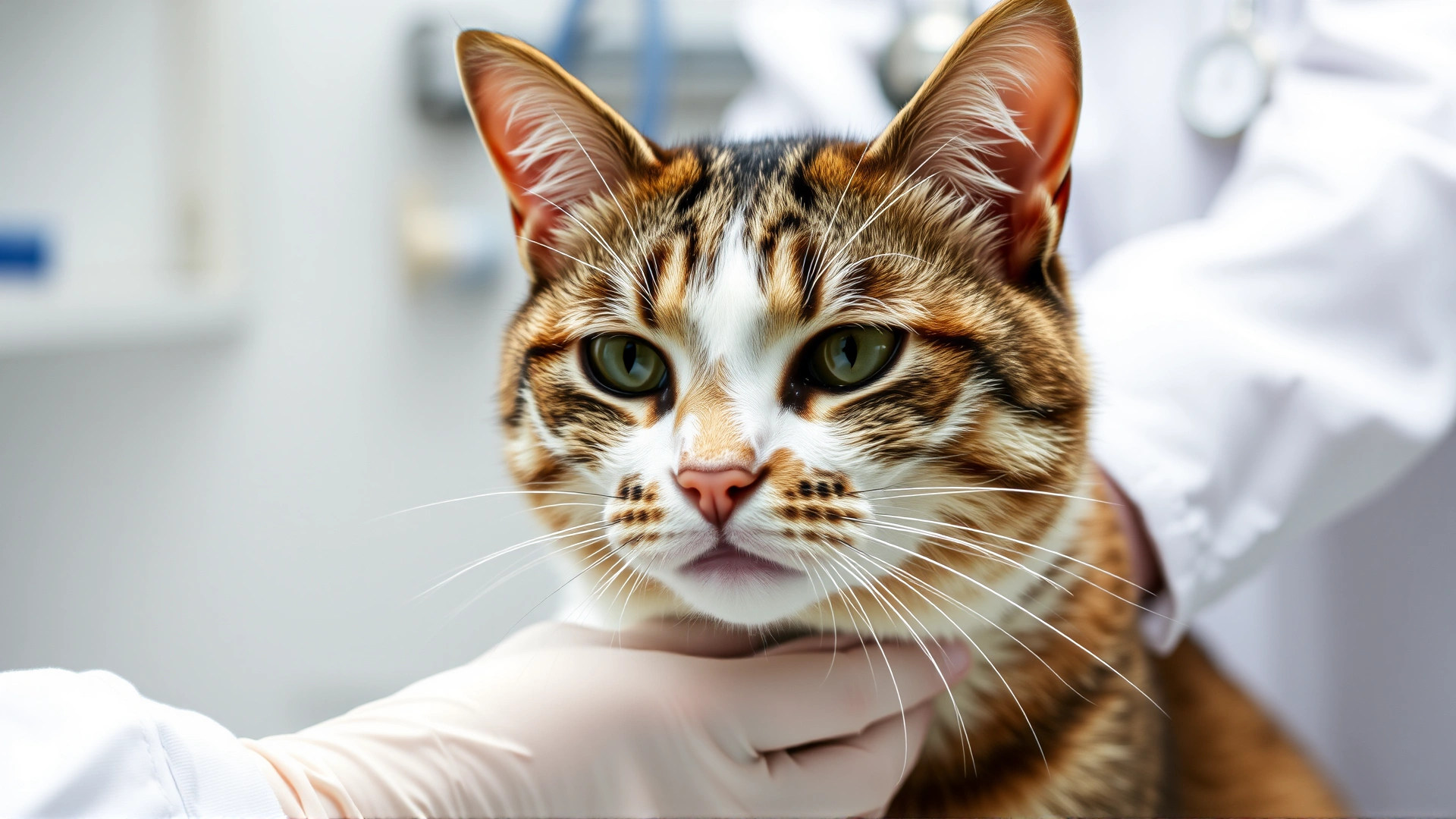 Senior cat at a veterinary clinic being gently examined by a vet, subtle expression of discomfort on the cat’s face.