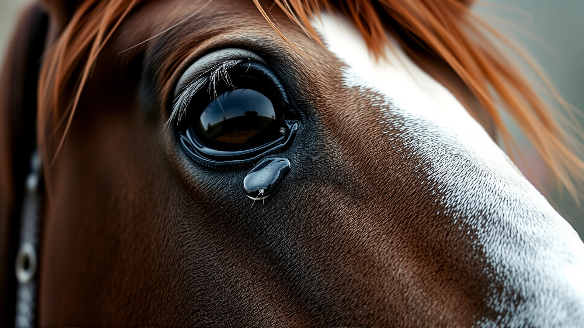 Close-up of a horse's eye showing a watery, concerned expression, shallow depth of field, no text