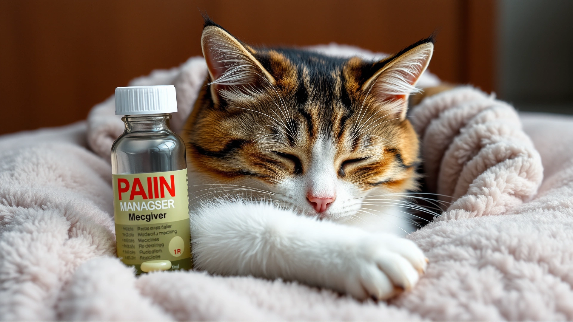Cat resting comfortably in a plush bed beside a small, unlabeled medicine bottle, symbolizing pain management and recovery.