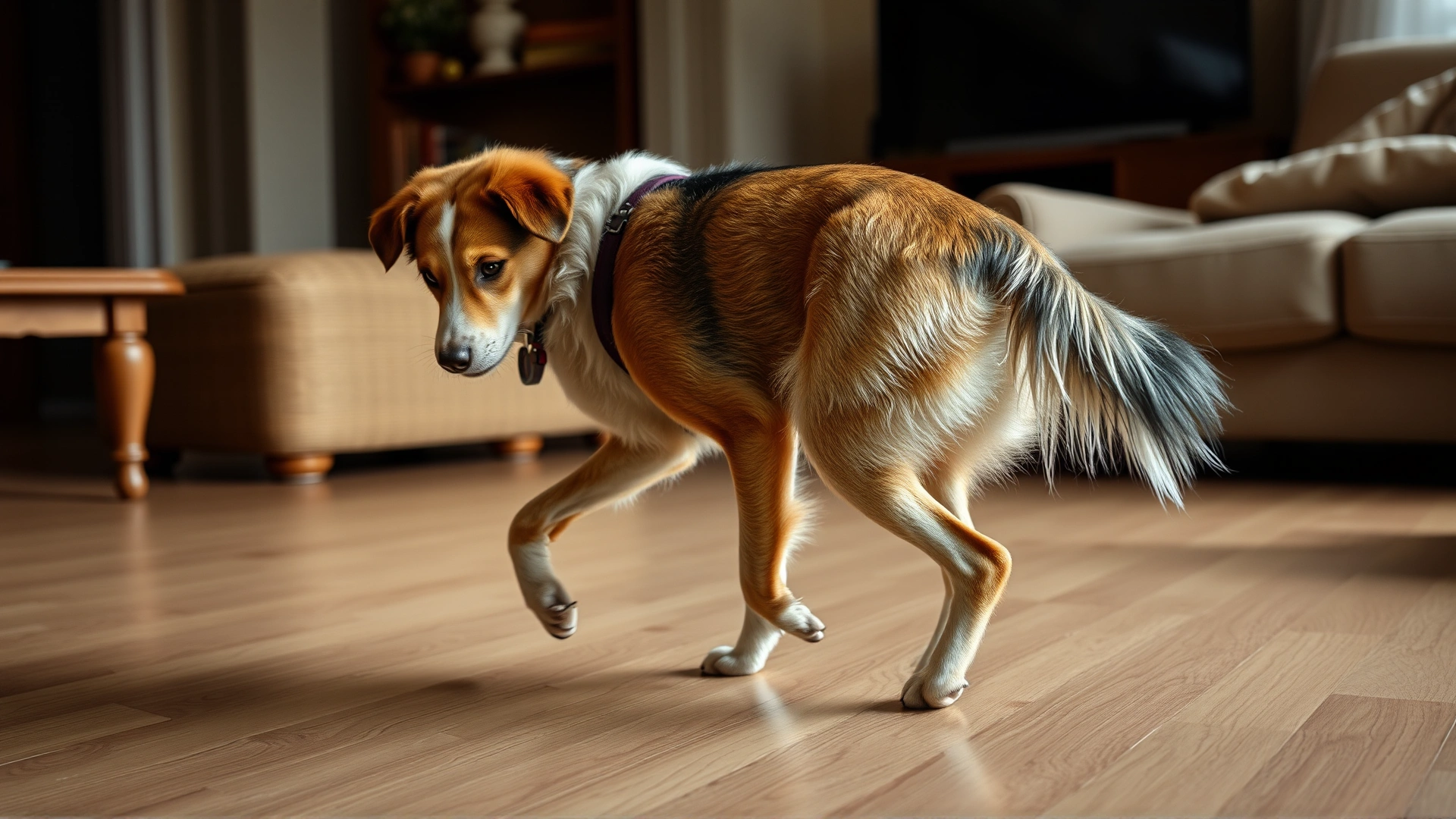 Domestic scene showing a mixed-breed dog limping slightly while walking across a living room, emphasizing discomfort