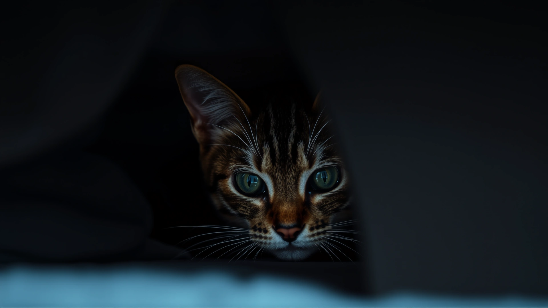 Indoor photo of a tabby cat hiding partially under a bed frame with only its eyes and ears visible, dim lighting to convey discomfort.