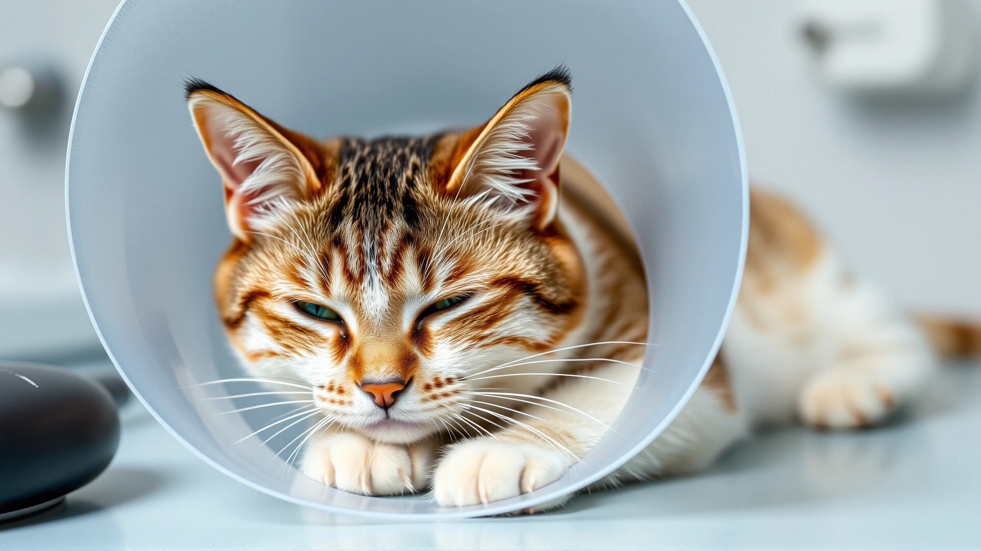 Domestic short-haired cat lying in a recovery cone, looking uncomfortable and lethargic, clinic setting