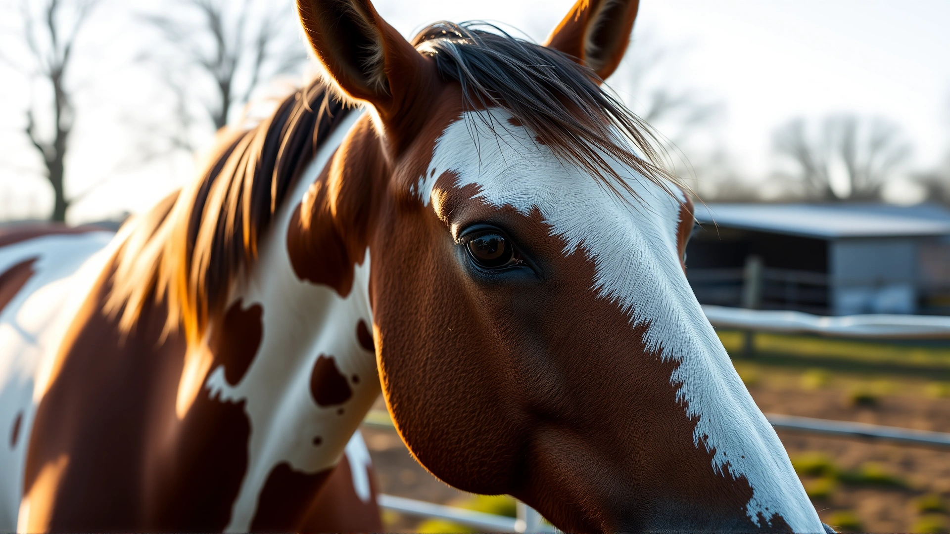 Close-up portrait of an American Paint Horse standing in a paddock, showing its striking white and chestnut patches under soft natural light.