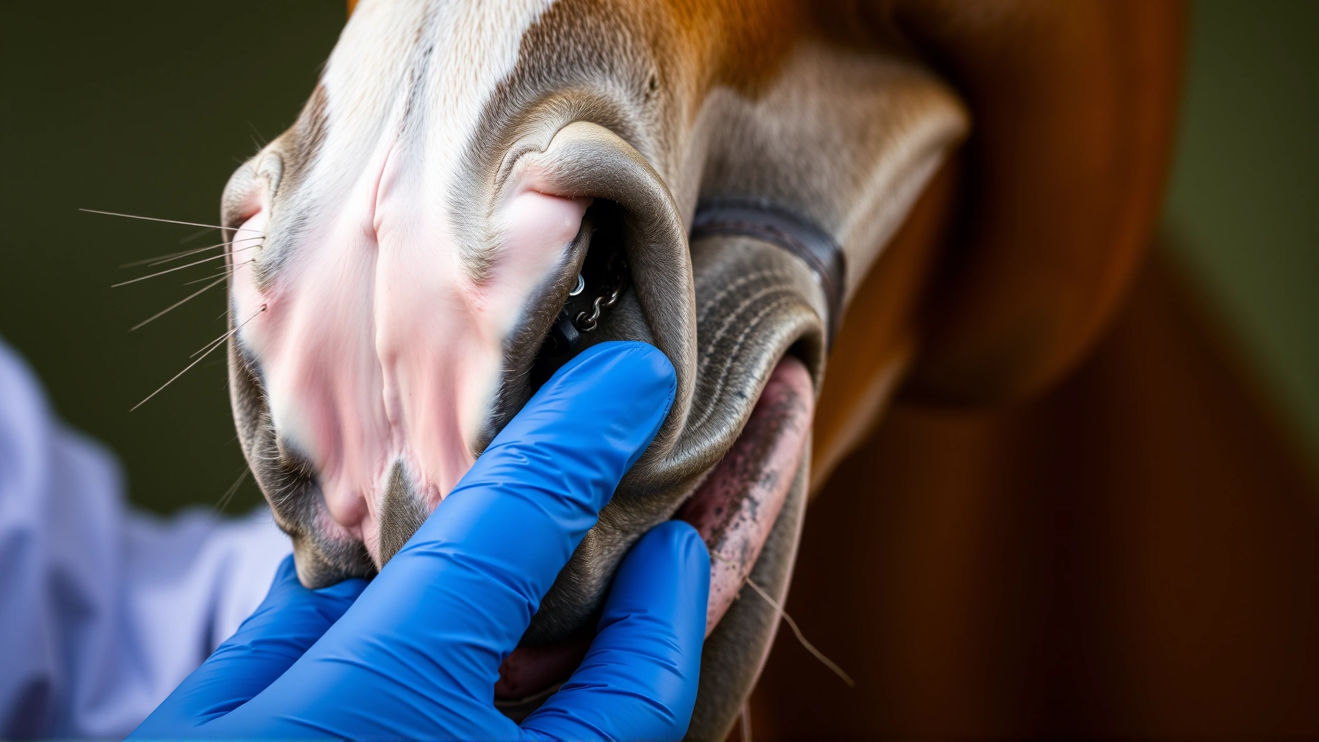 Macro photo of a veterinarian gently lifting a horse's lip to reveal pale pink mucous membranes, highlighting anemia symptom.