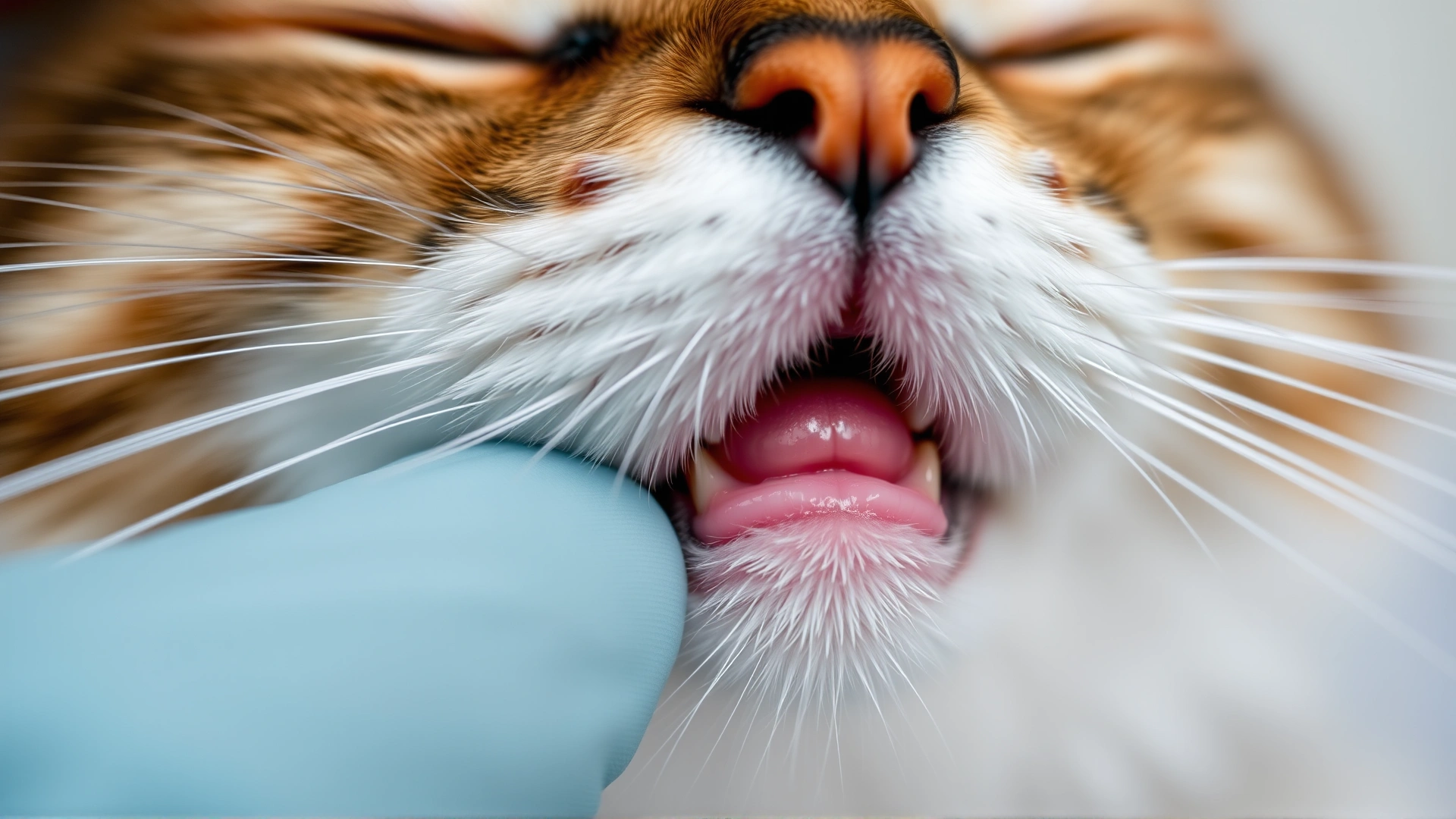 Close-up macro shot of a cat owner lifting the cat’s lip to reveal pale gums, showing a clear view without any text.