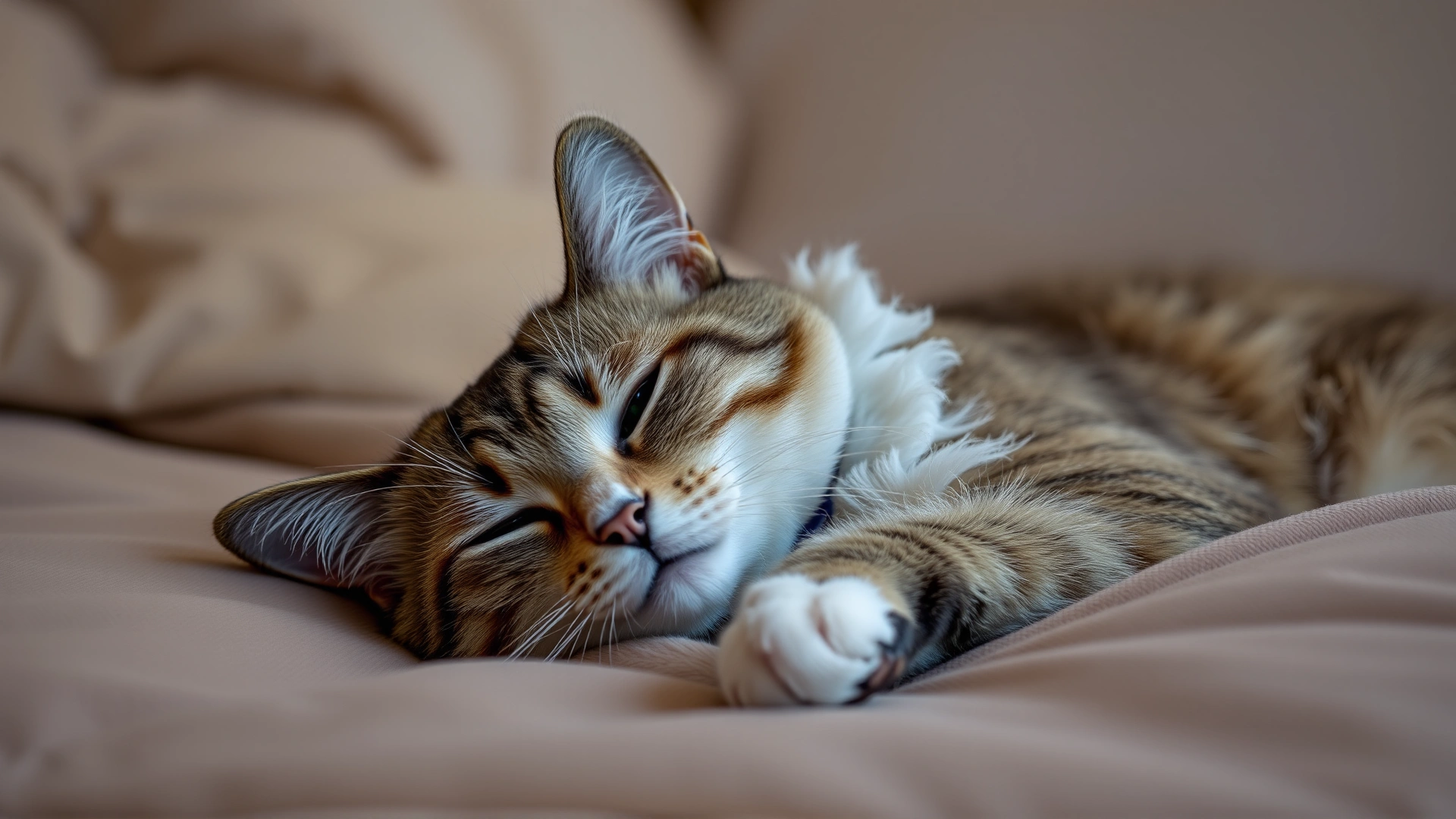 Domestic cat resting comfortably on a cozy bed with an Elizabethan collar and gentle ambient lighting.