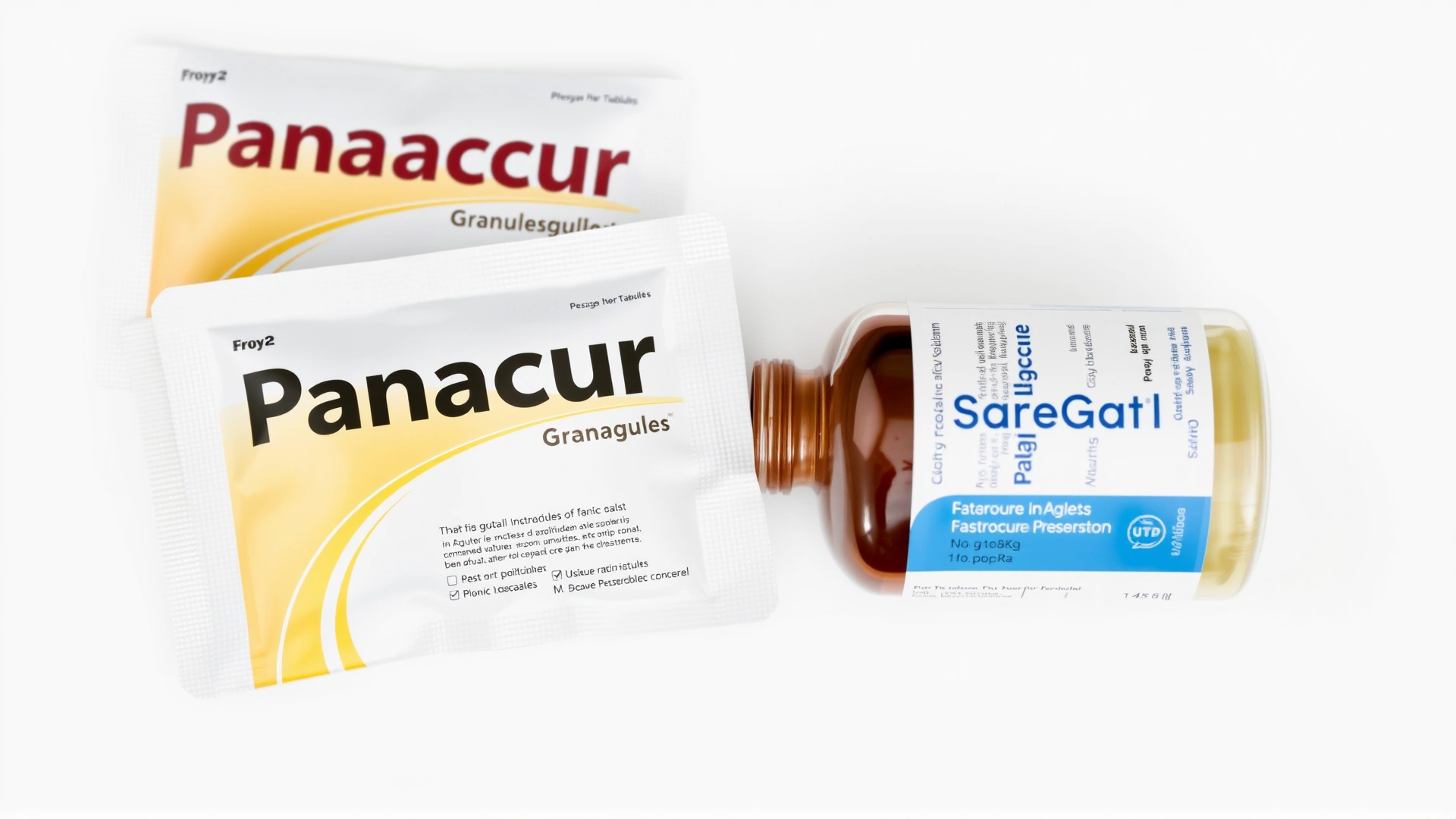 High-resolution close-up of Panacur granule sachets and Safe-Guard oral suspension bottle arranged on a white background. No text.
