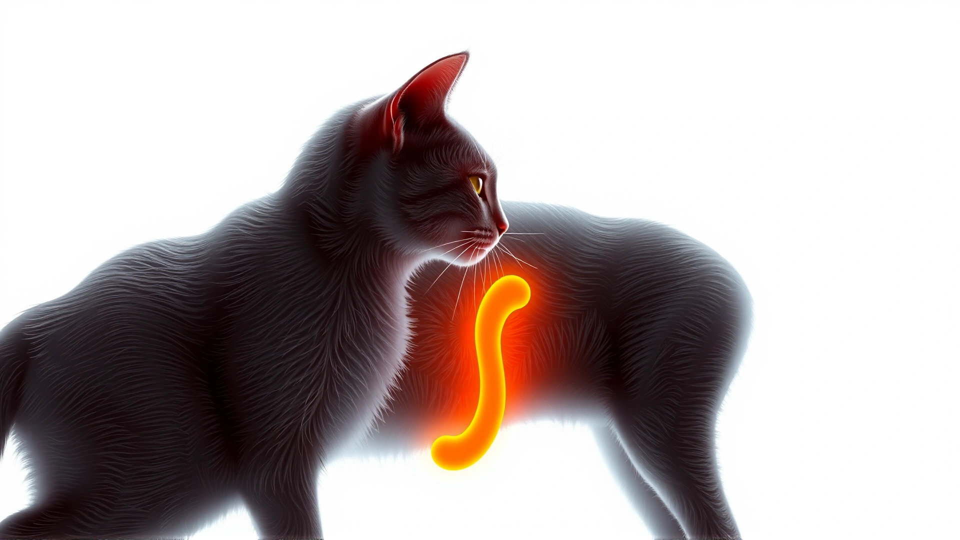 Realistic digital illustration of a cat silhouette with the pancreas highlighted in orange, white background, no text