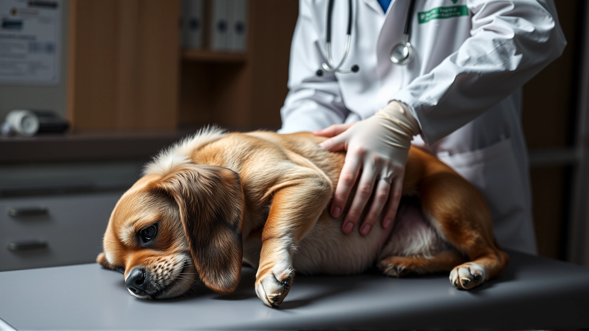 Veterinarian gently examining a dog's abdomen on an examination table in a clinical setting