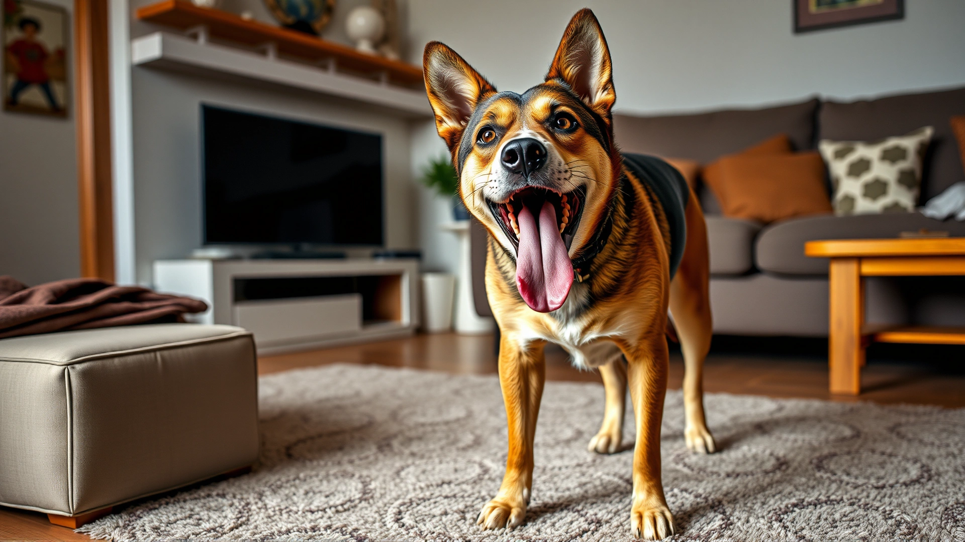 Dog standing and panting heavily in a living room, showing clear stress signals